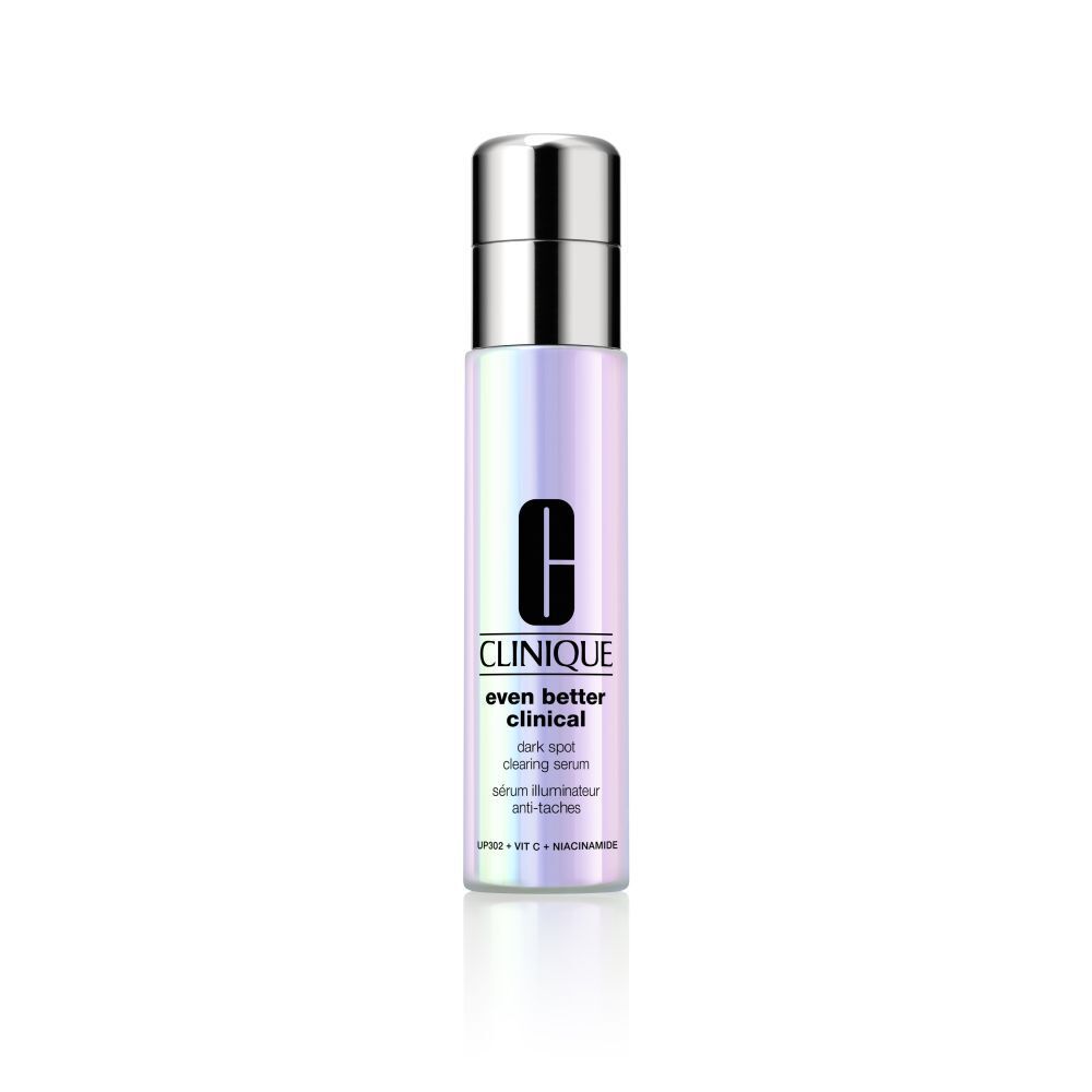 Clinique Even Better Clinical Serum. Fles met zilveren dop, iriserend etiket. Logo en productnaam zichtbaar.