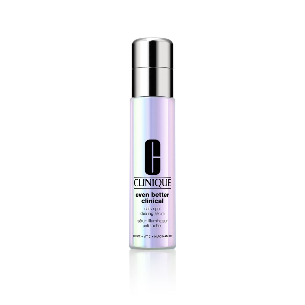 Clinique Even Better Clinical Serum. Fles met zilveren dop, iriserend etiket. Logo en productnaam zichtbaar.