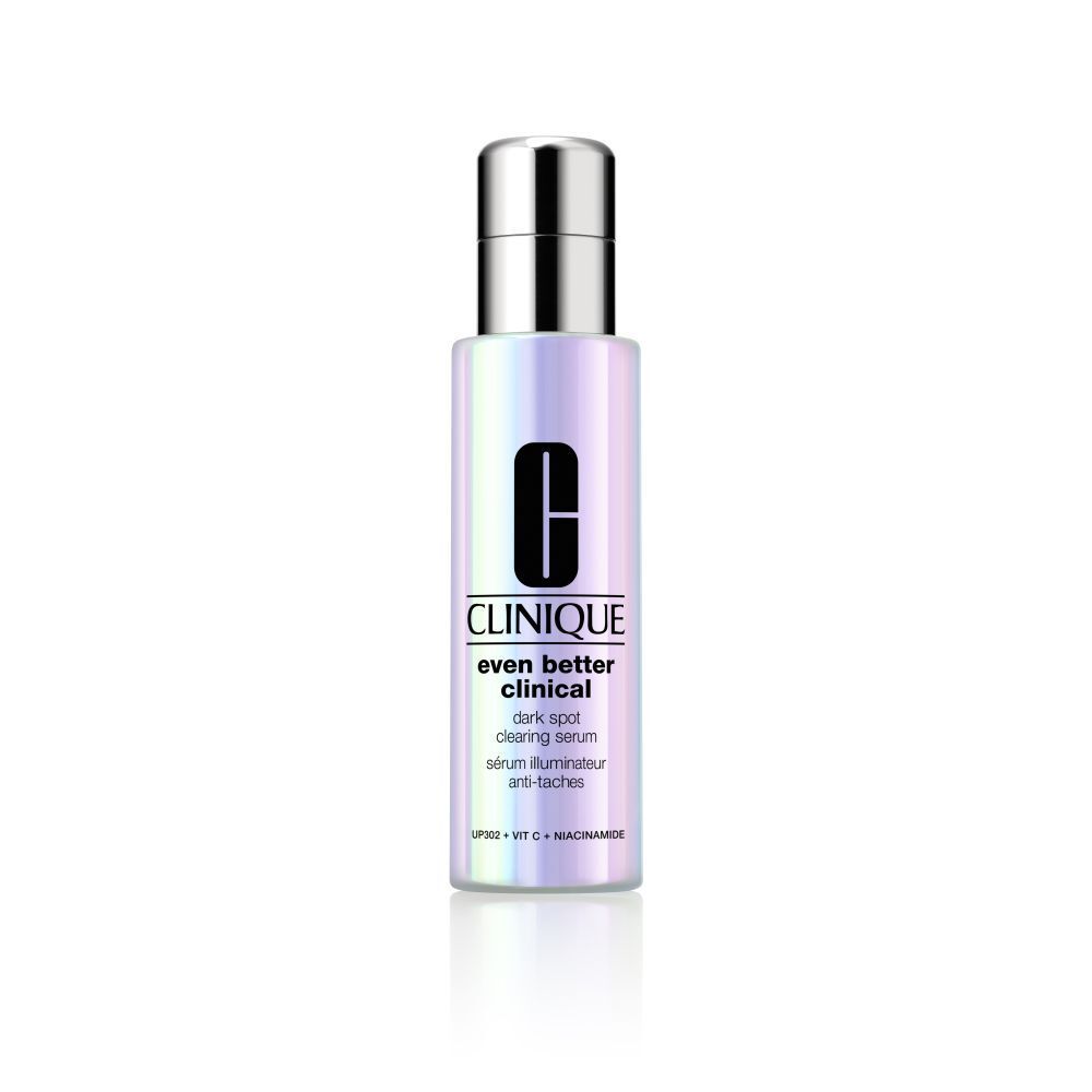 Serumfles. Kleurverloop design. Zilveren dop. Opschrift: CLINIQUE, Even Better Clinical, dark spot clearing serum.