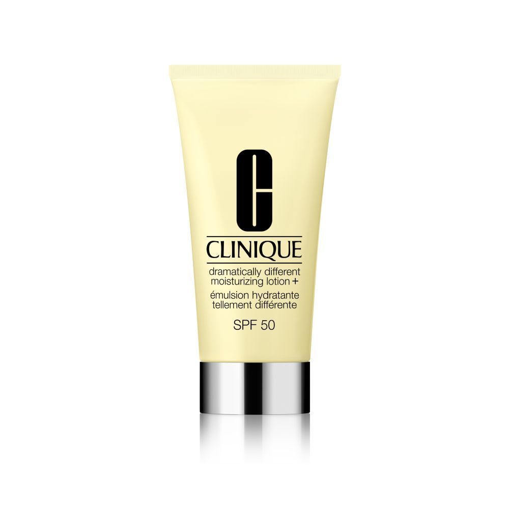 Gele tube met zilveren dop. Opschrift: Clinique, Dramatically Different Moisturizing Lotion + SPF 50.