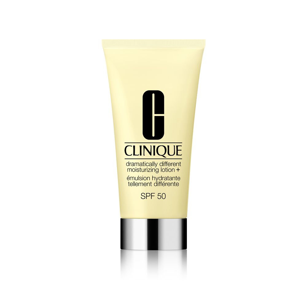 Gele tube met zilveren dop. Opschrift: Clinique, Dramatically Different Moisturizing Lotion + SPF 50.
