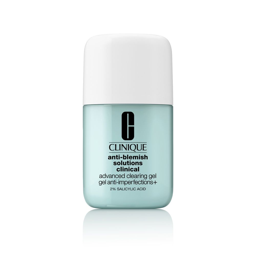 Lichtblauw flesje met witte dop. Opschrift: Clinique Anti-Blemish Solutions, Advanced Clearing Gel.