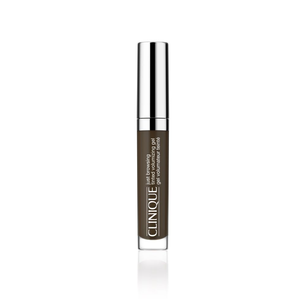 Wenkbrauwgel tube met zilveren dop. Opschrift: Clinique Just Browsing Tinted Volumizing Gel.