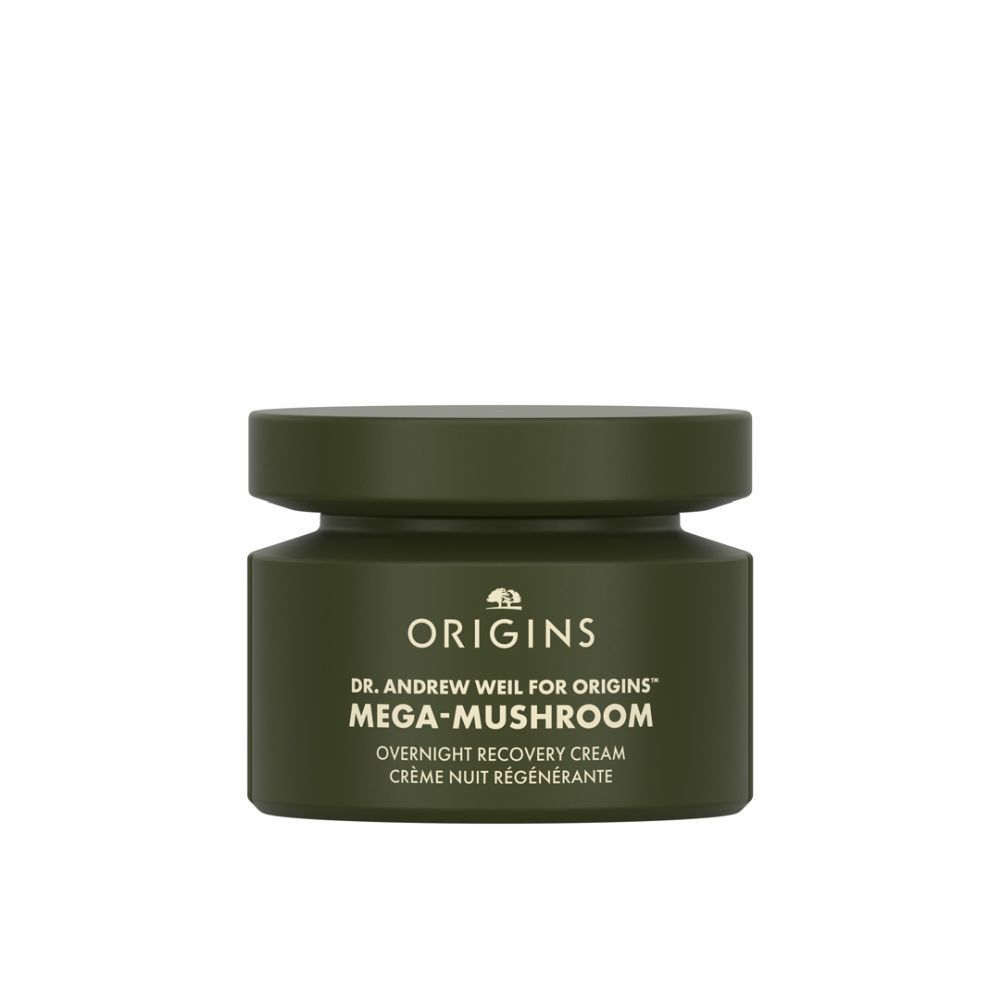 Groene pot met tekst Origins, Dr. Andrew Weil, Mega-Mushroom, Overnight Recovery Cream. Deksel.