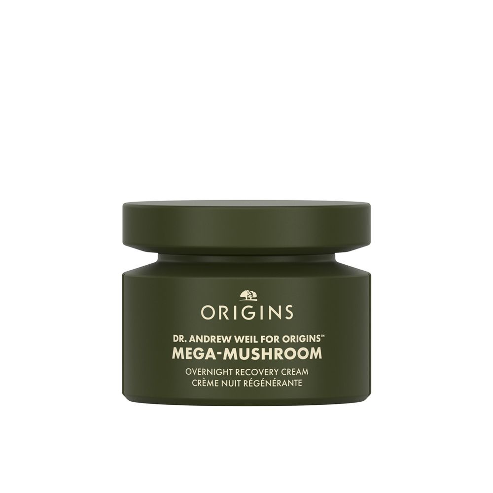 Groene pot met tekst Origins, Dr. Andrew Weil, Mega-Mushroom, Overnight Recovery Cream. Deksel.
