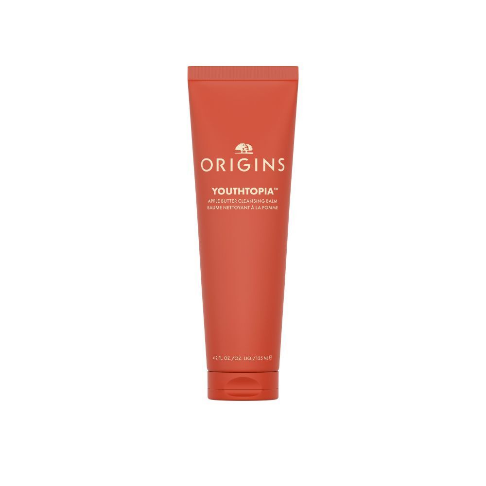 Rode tube met witte tekst: Origins Youthtopia Apple Butter Cleansing Balm. Logo bovenaan.