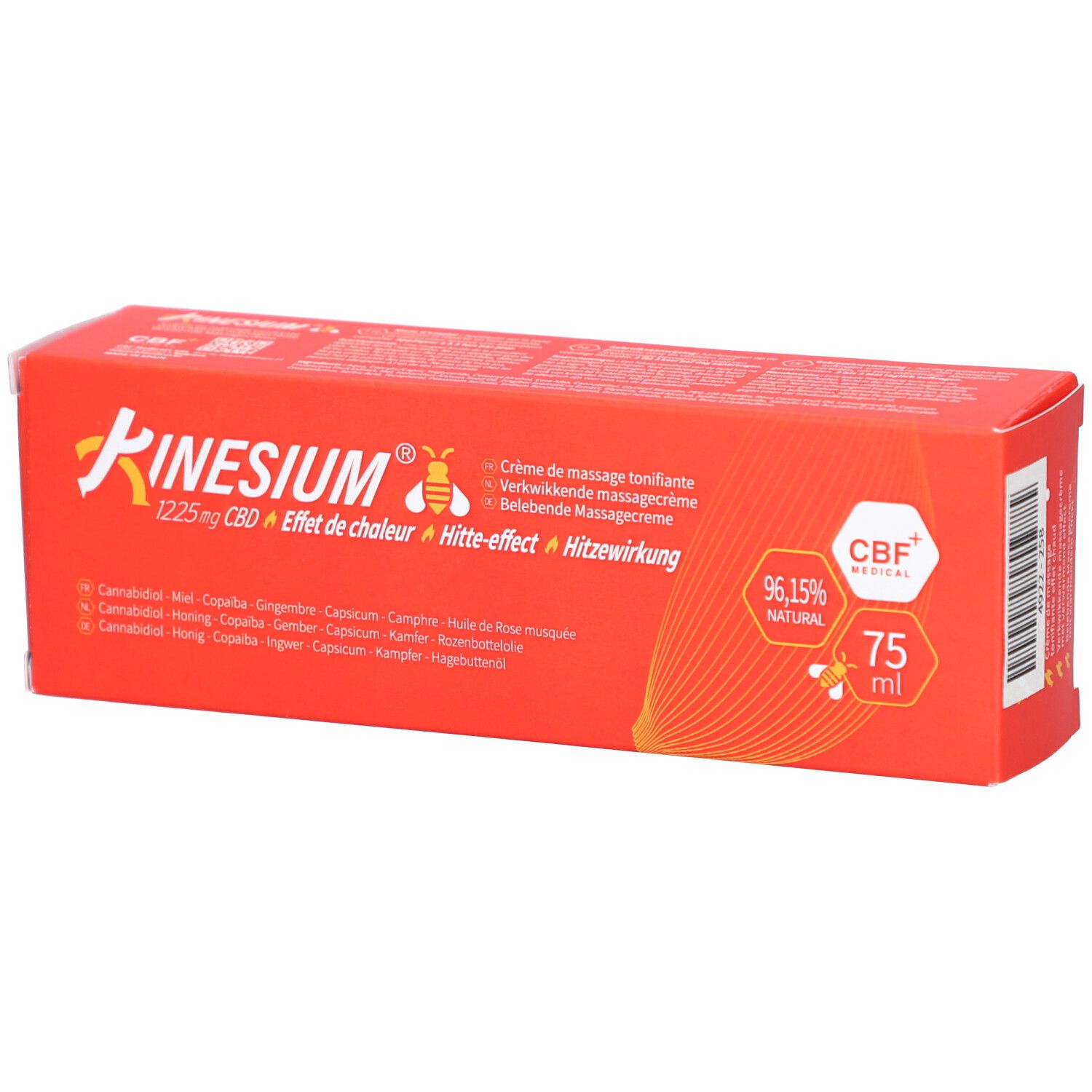 Rode verpakking Kinesium, 1225mg CBD, warmte-effect. Bevat 75 ml. CBF+ Medical zegel. Ingrediënten.