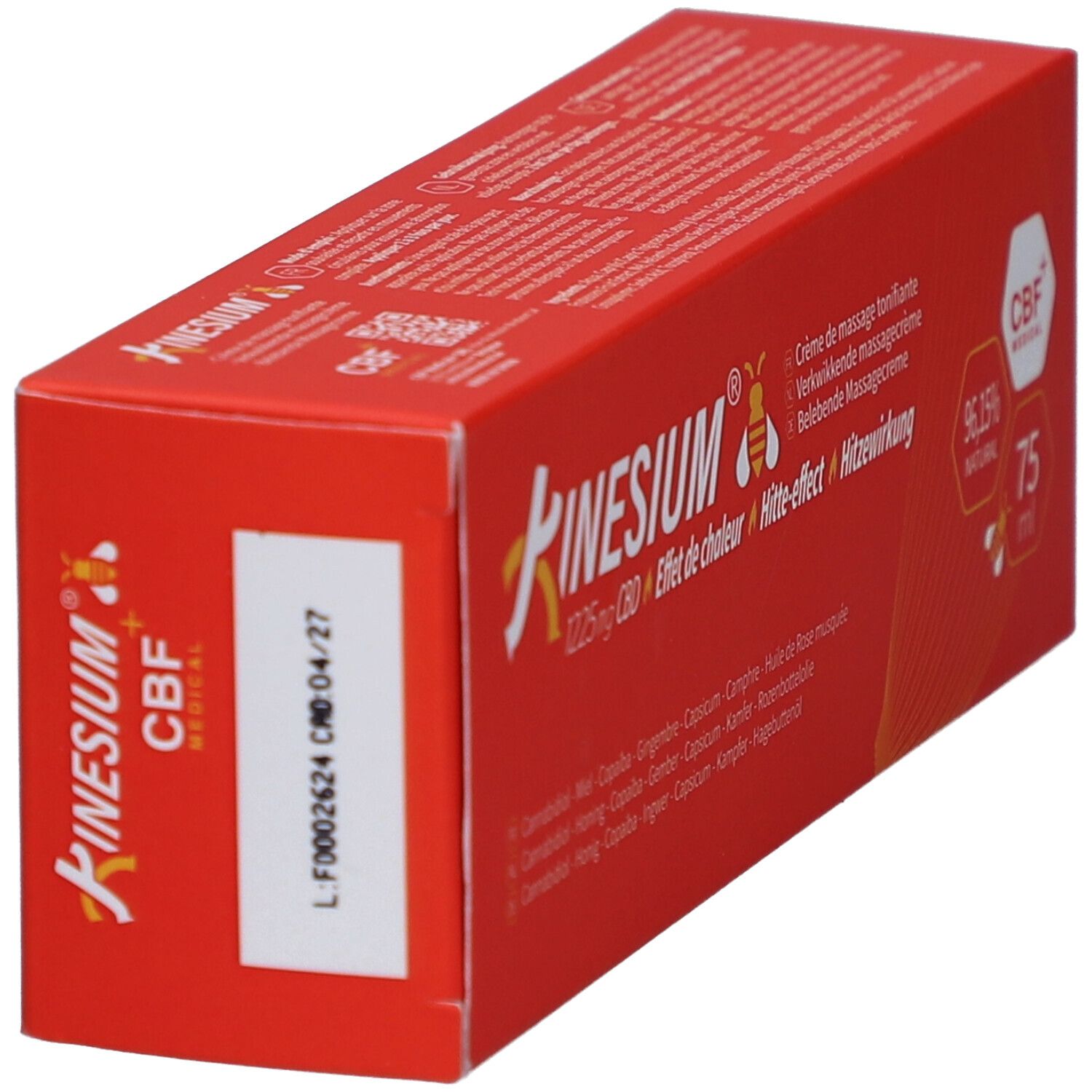 Witte tube Kinesium massagecrème met warmte-effect. CBF+ Medical zegel. QR-code en tekst.
