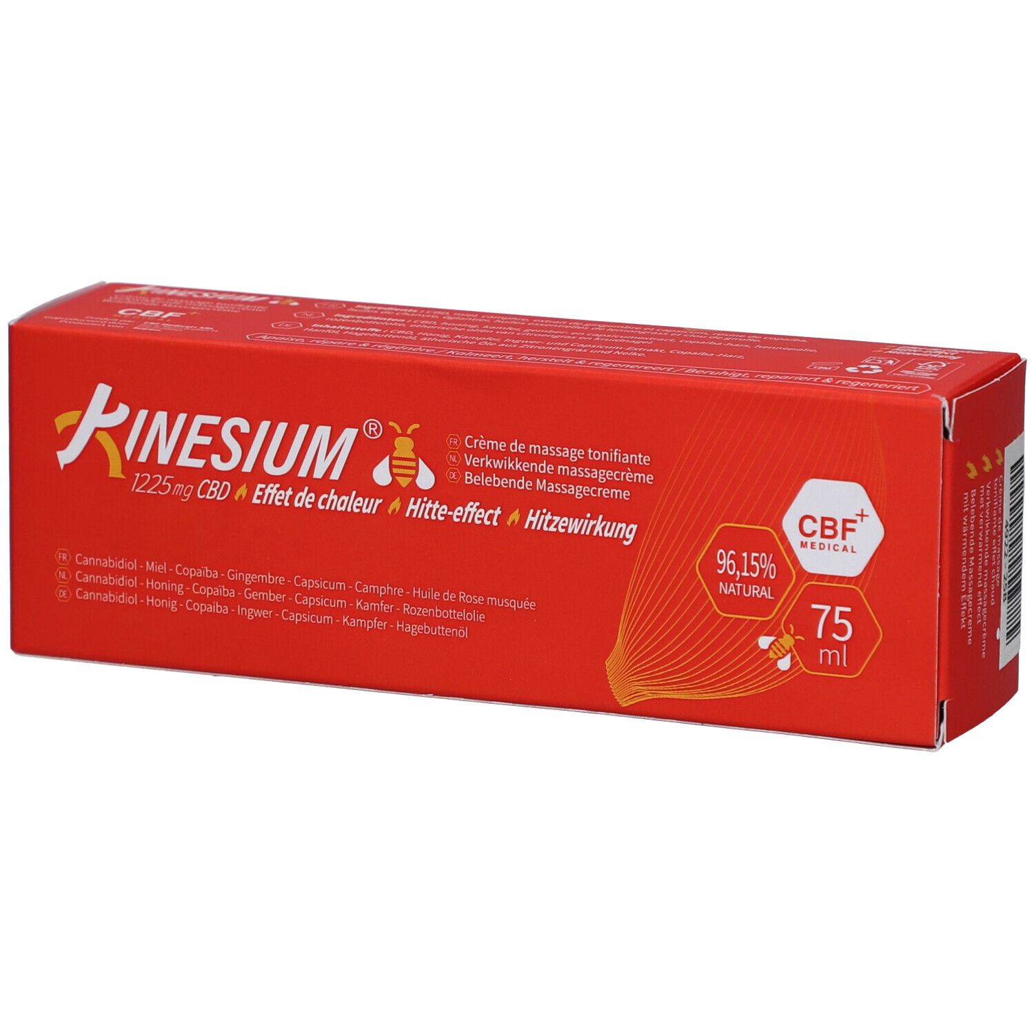 Rode verpakking Kinesium, 1225mg CBD, warmte-effect. 75 ml. CBF+ Medical zegel. Ingrediënten.