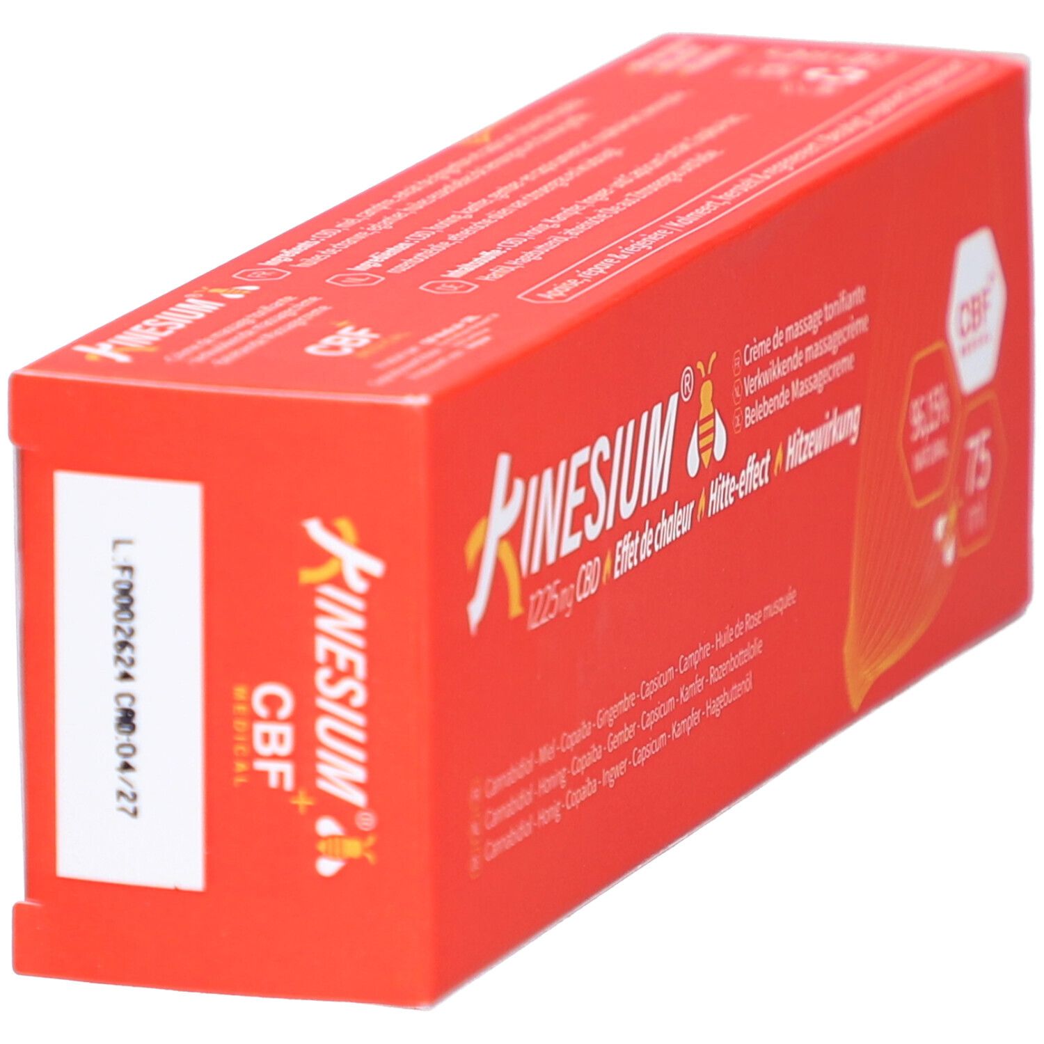 Rode Kinesium verpakking, 75 ml, warmte-effect. CBF+ Medical zegel. Productnaam en details.