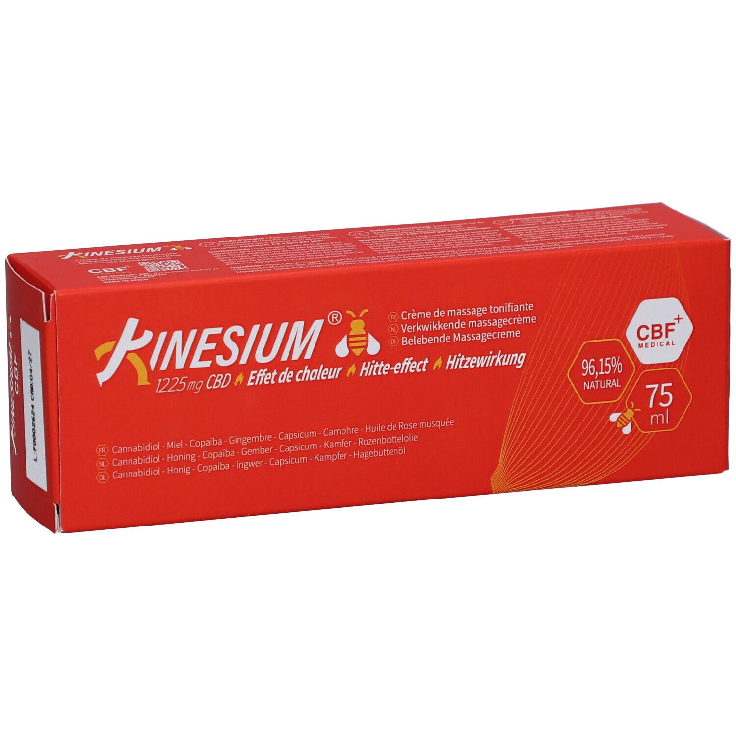 Rode Kinesium verpakking, 1225mg CBD, warmte-effect. 75 ml. CBF+ Medical zegel. Ingrediënten.