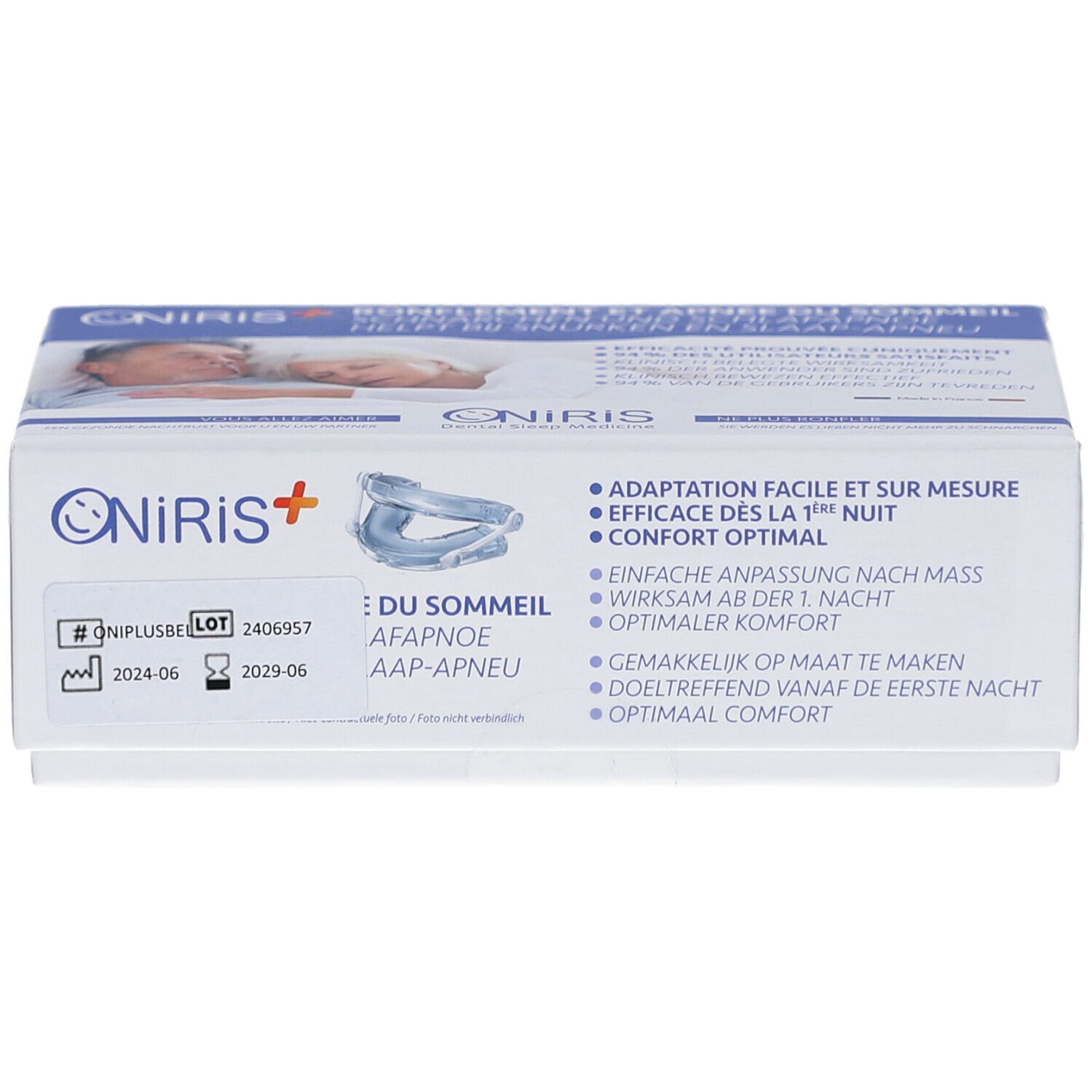 Boîte avec image du produit et texte. Logo: Oniris+. Texte: Adaptation facile et sur mesure, Confort optimal.