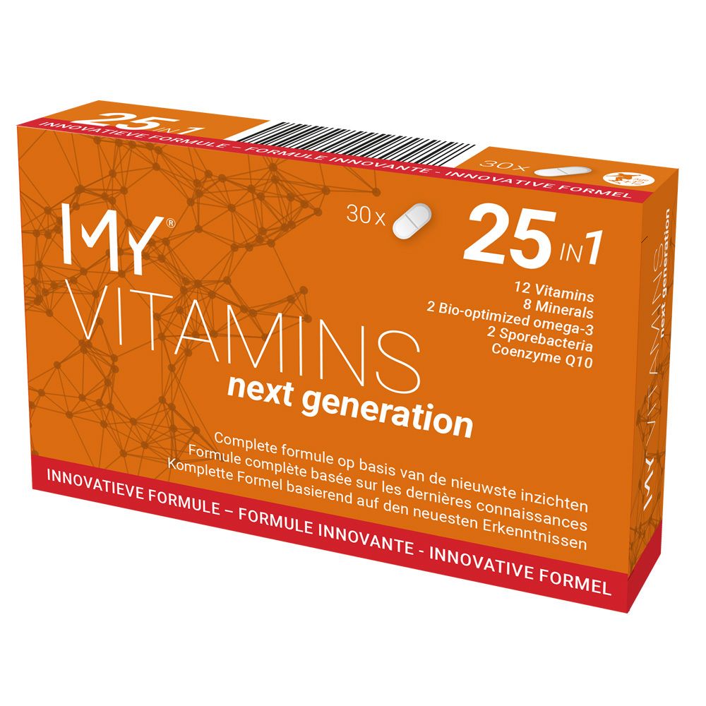 Oranje verpakking voor My Vitamins Next Generation, 25 in 1 formule met 30 capsules.