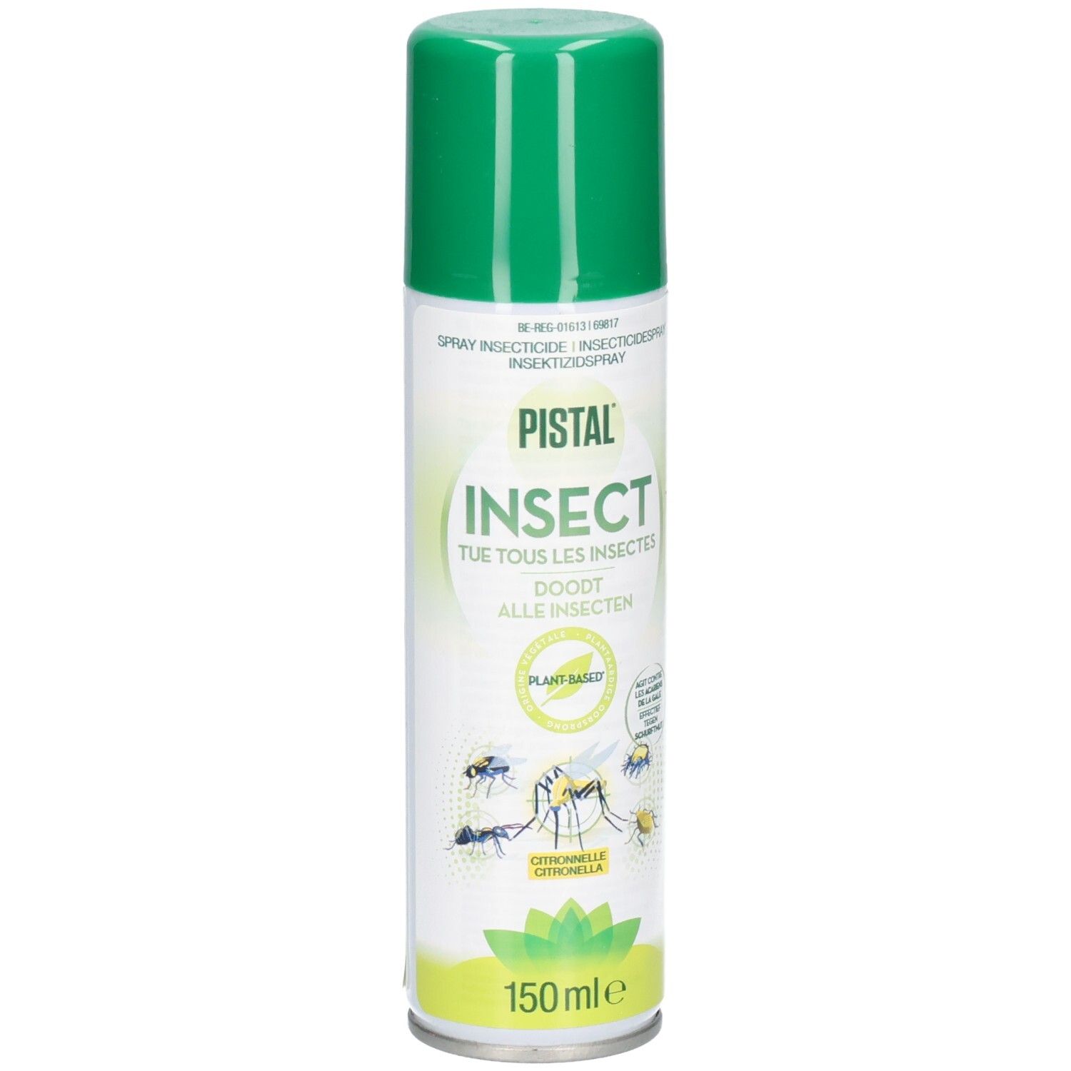 Bombe verte avec étiquette blanche. Inscription : PISTAL INSECT, Citronnelle. Contient 150 ml.