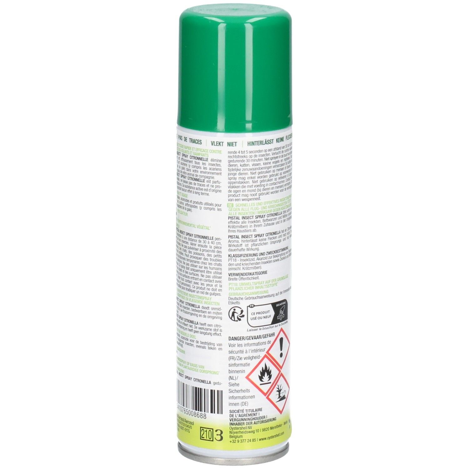 Dos de la bombe verte. Texte et pictogrammes. Contient des informations sur le produit.