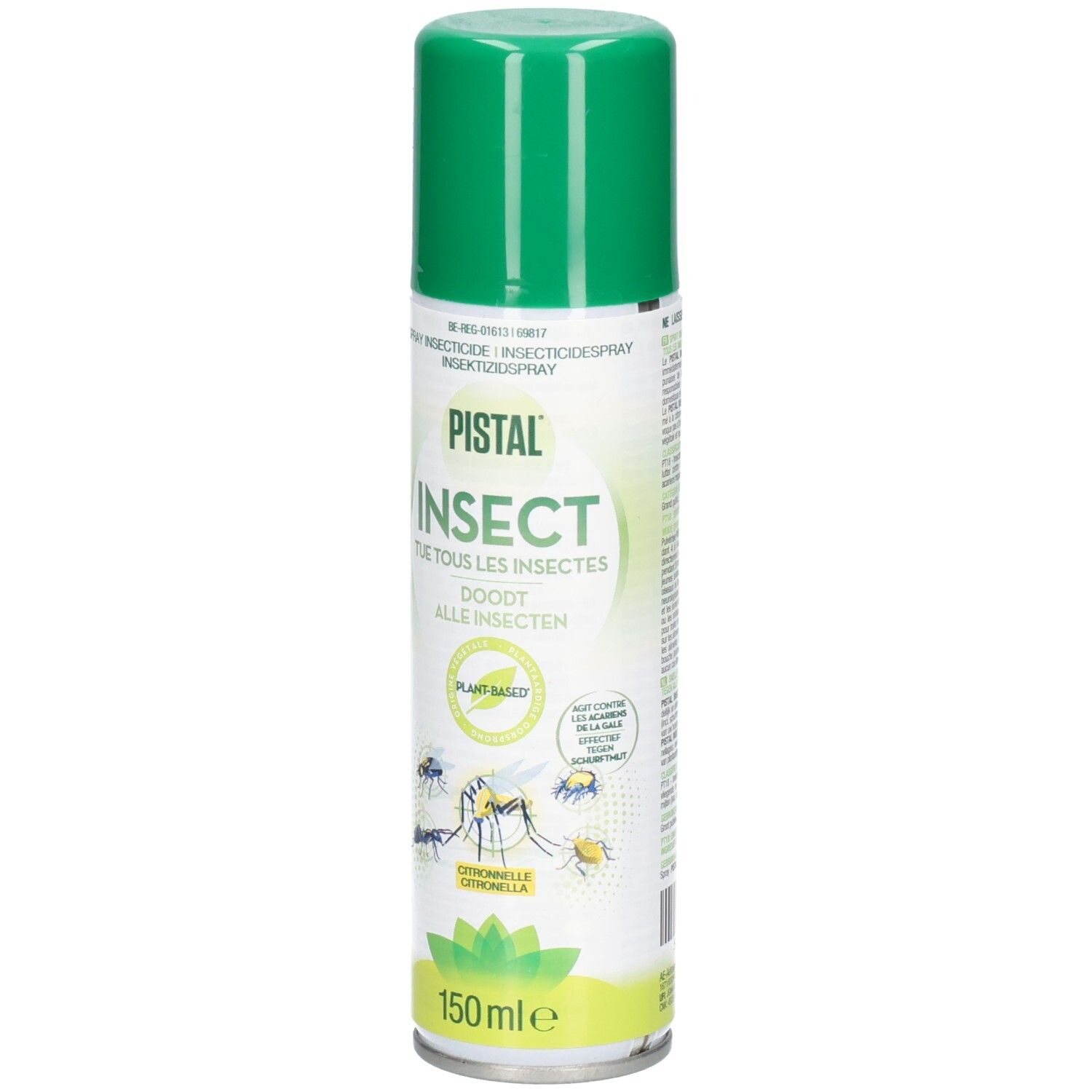 Bombe verte avec étiquette blanche. Inscription : PISTAL INSECT, Citronnelle. Contient 150 ml.
