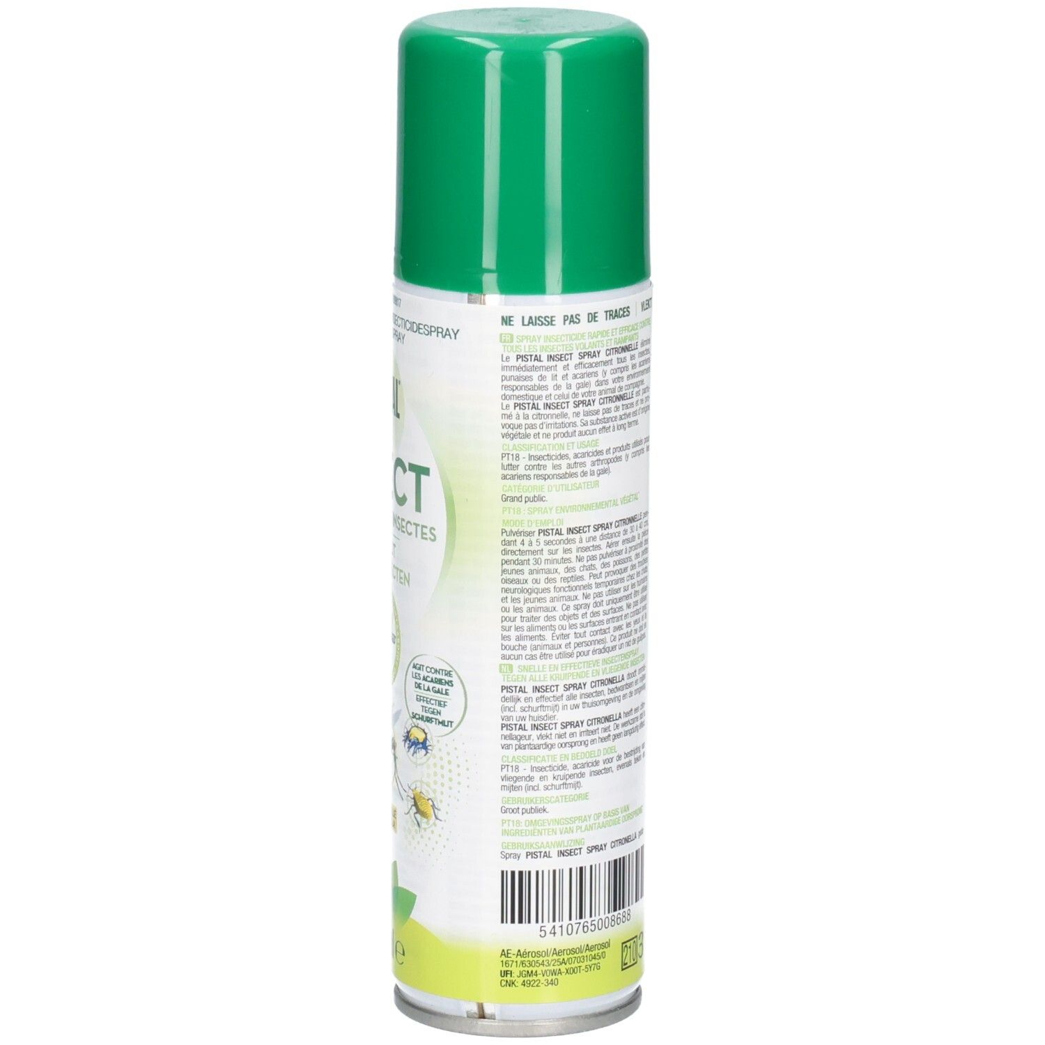 Dos de la bombe verte. Texte et pictogrammes. Contient des informations sur le produit.