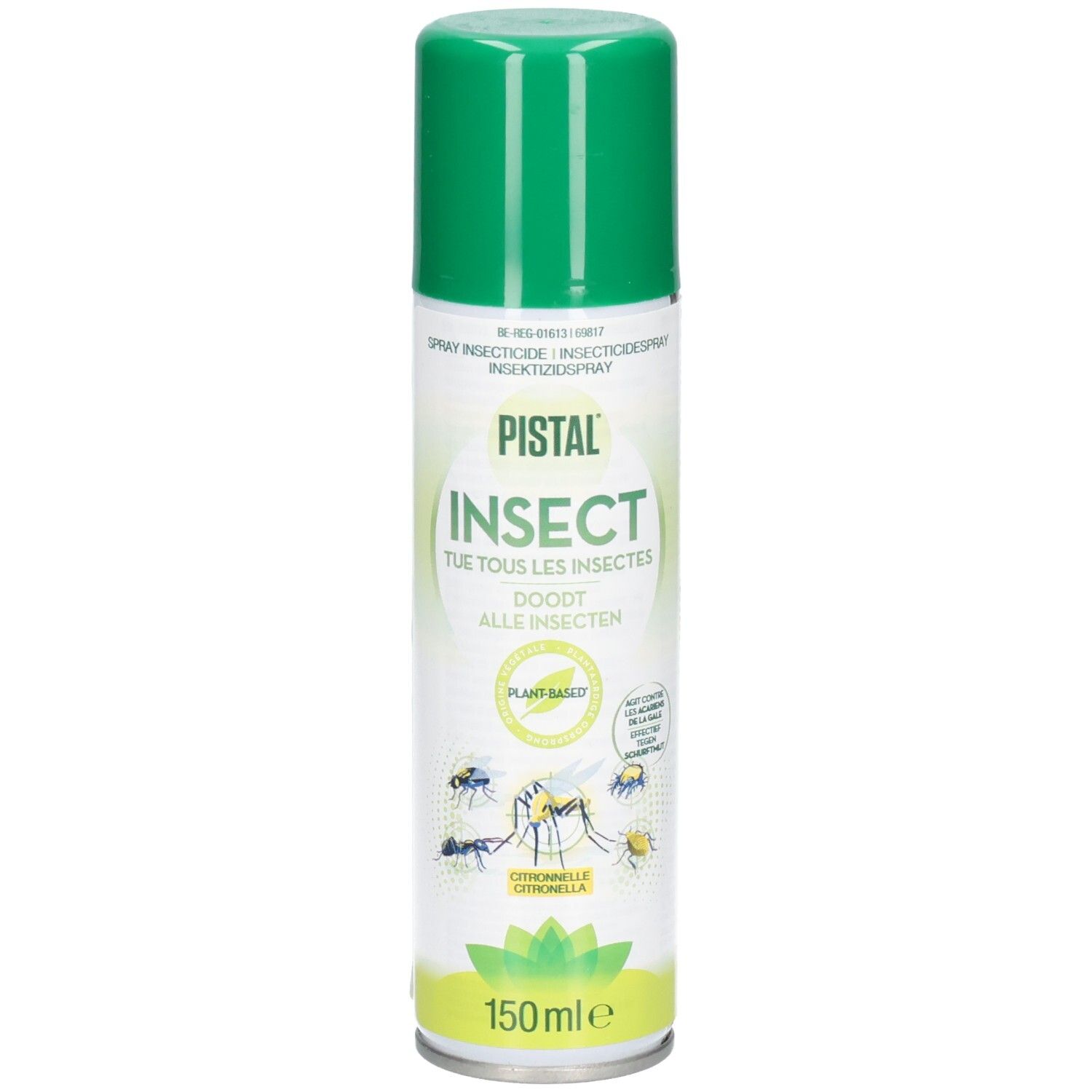 Bombe verte avec étiquette blanche. Inscription : PISTAL INSECT, Citronnelle. Contient 150 ml.