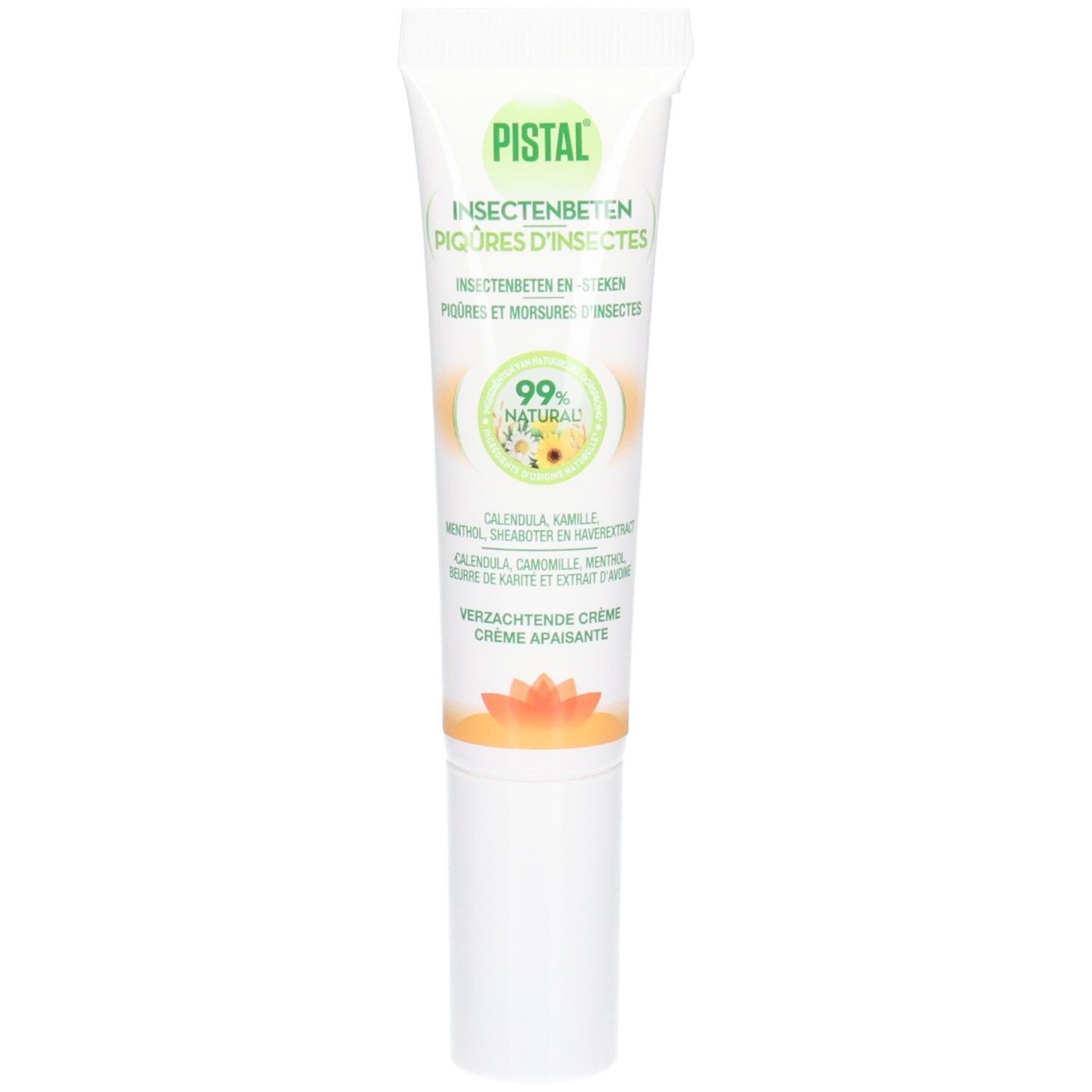 Tube de crème avec bouchon blanc. Inscription: PISTAL, piqûres d'insectes. 99% naturel. Ingrédients: Calendula, camomille, menthol, beurre de karité.