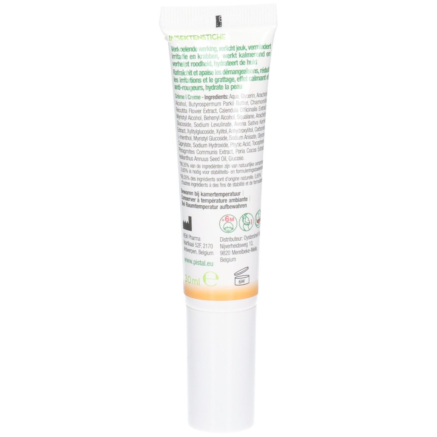 Dos du tube de crème. Texte avec ingrédients et instructions d'utilisation. Informations sur le fabricant et logos.