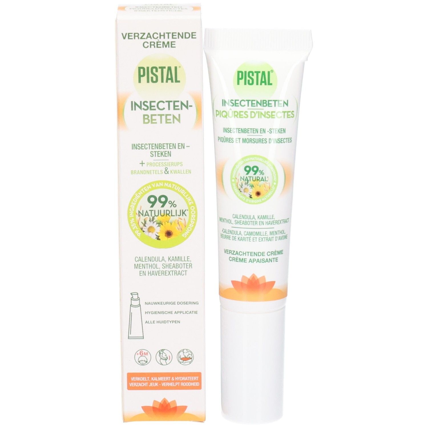 Emballage et tube. Inscription: PISTAL, piqûres d'insectes. 99% naturel. Ingrédients: Calendula, camomille, menthol, beurre de karité. Avec applicateur.