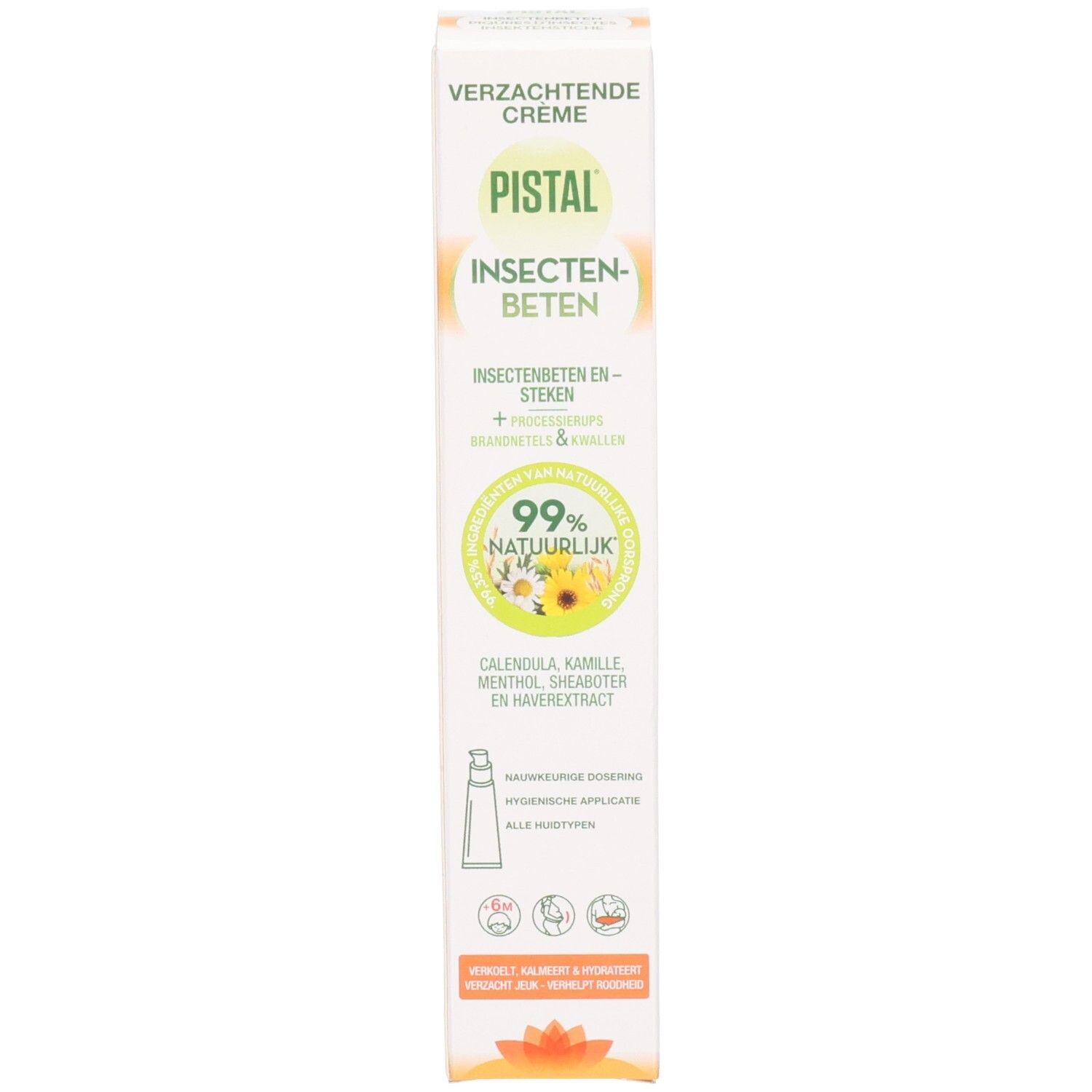 Emballage. Inscription: PISTAL, piqûres d'insectes. 99% naturel. Ingrédients: Calendula, camomille, menthol, beurre de karité. Avec applicateur.