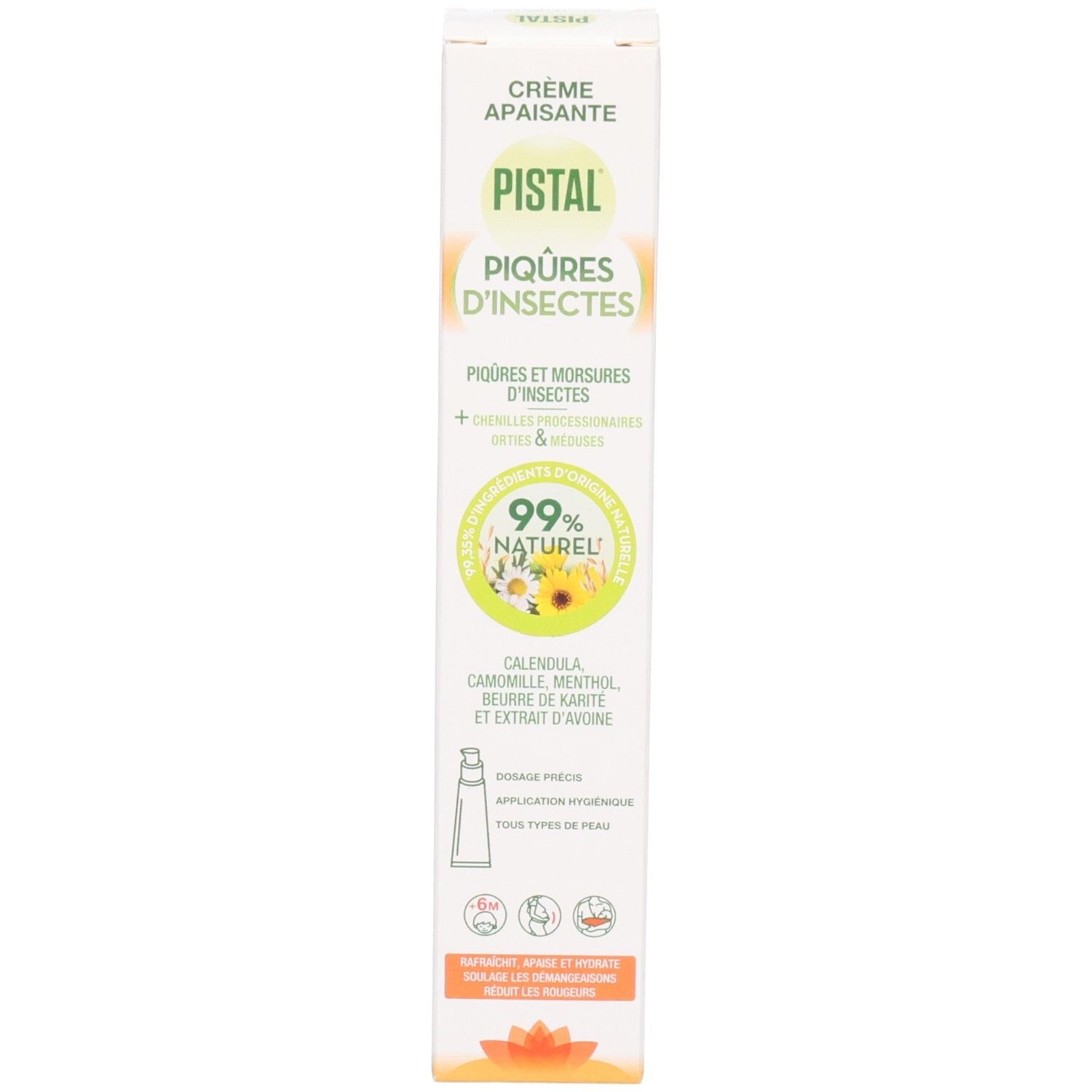 Emballage. Inscription: PISTAL, piqûres d'insectes. 99% naturel. Ingrédients: Calendula, camomille, menthol, beurre de karité. Avec applicateur.