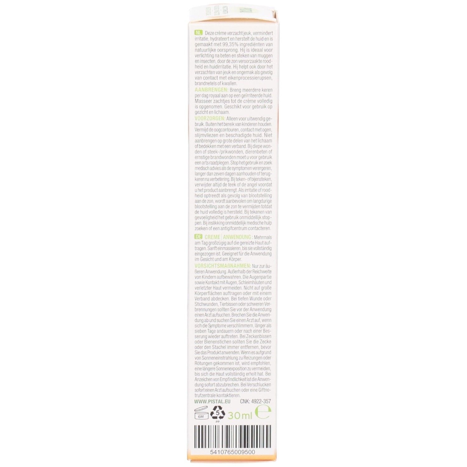Dos de l'emballage. Texte avec ingrédients et instructions d'utilisation. Informations fabricant et logos. Volume: 30ml.