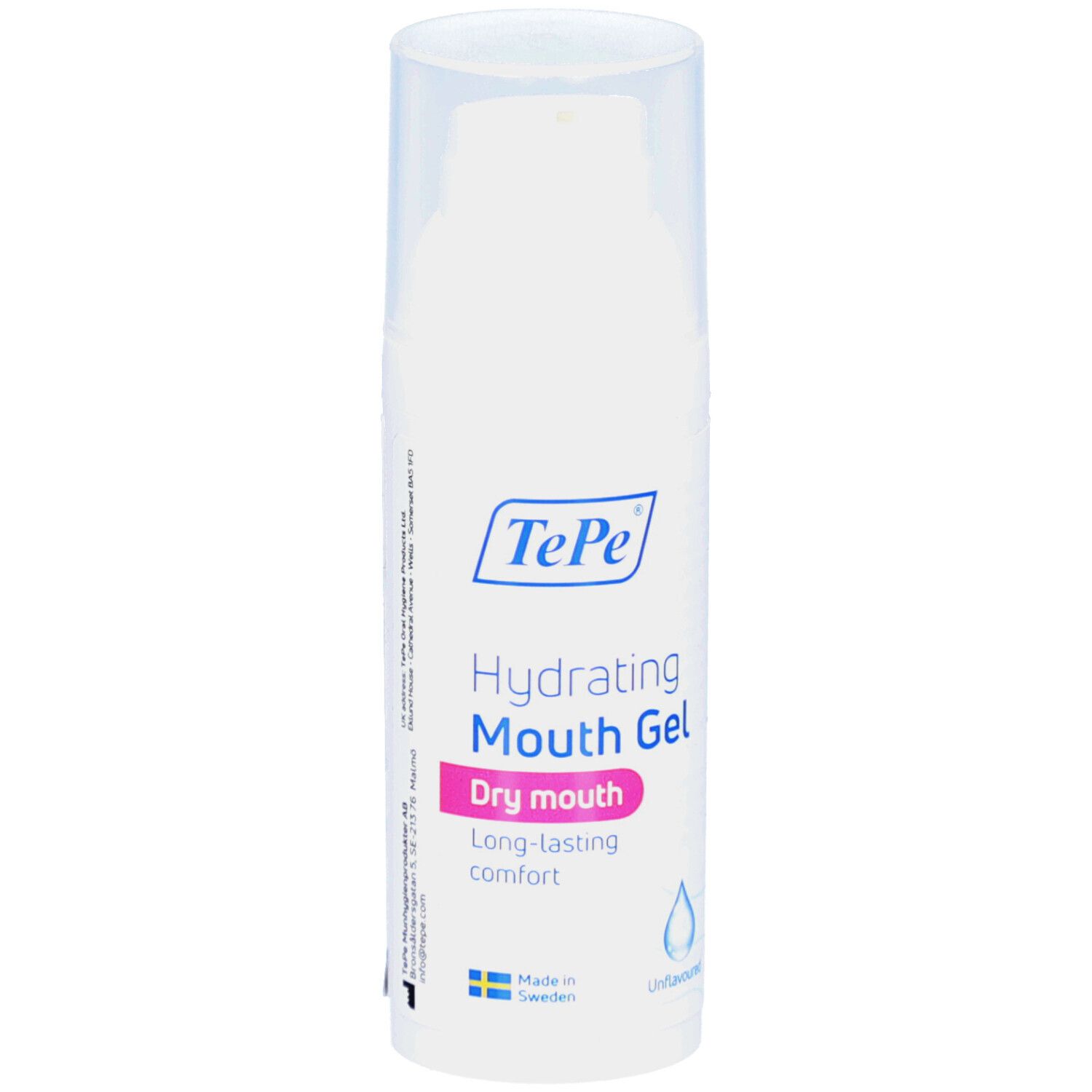 Flacon blanc avec bouchon transparent. Inscription: TePe Hydrating Mouth Gel. Étiquette rose: Dry mouth. Symbole du drapeau suédois.