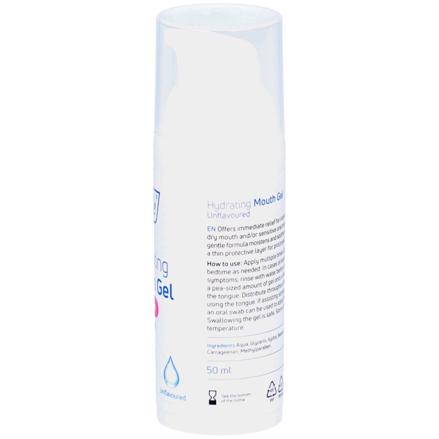 Flacon blanc, dos. Texte et indication de quantité 50 ml. Inscription: TePe Hydrating Mouth Gel. Symbole du drapeau suédois.