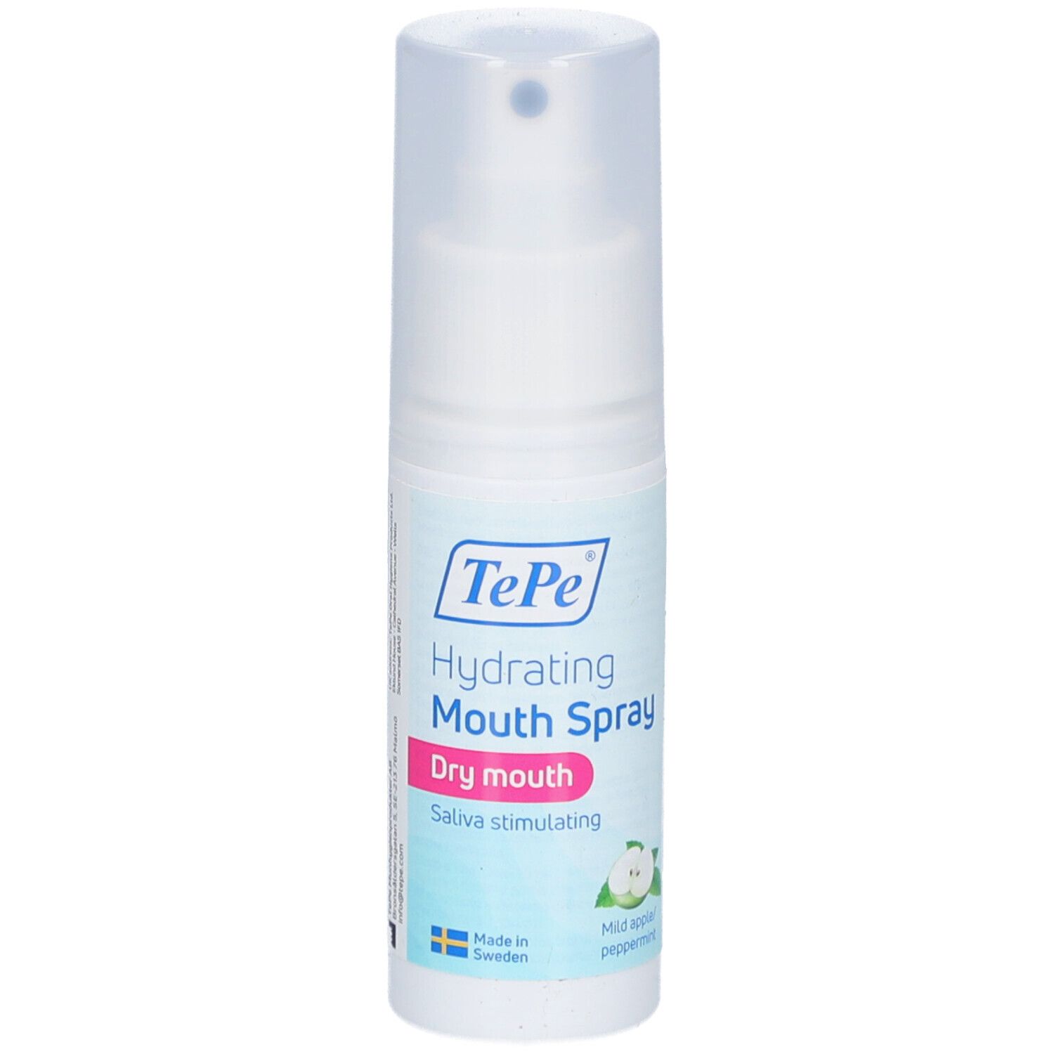 Witte sprayflacon met blauw-roze etiket. Tekst: TePe Hydrating Mouth Spray, Dry mouth, Saliva stimulating. Met dop.