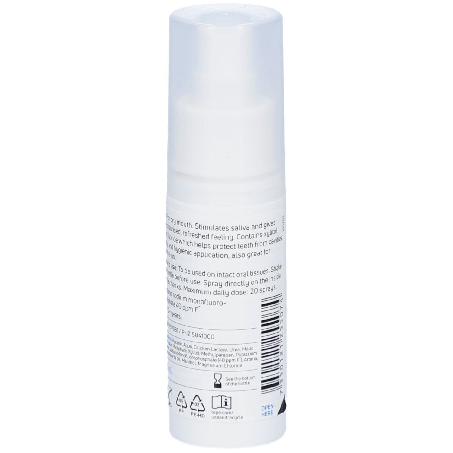 Achterkant van de witte sprayflacon. Tekst met gebruiksaanwijzing en ingrediënten. Met dop.