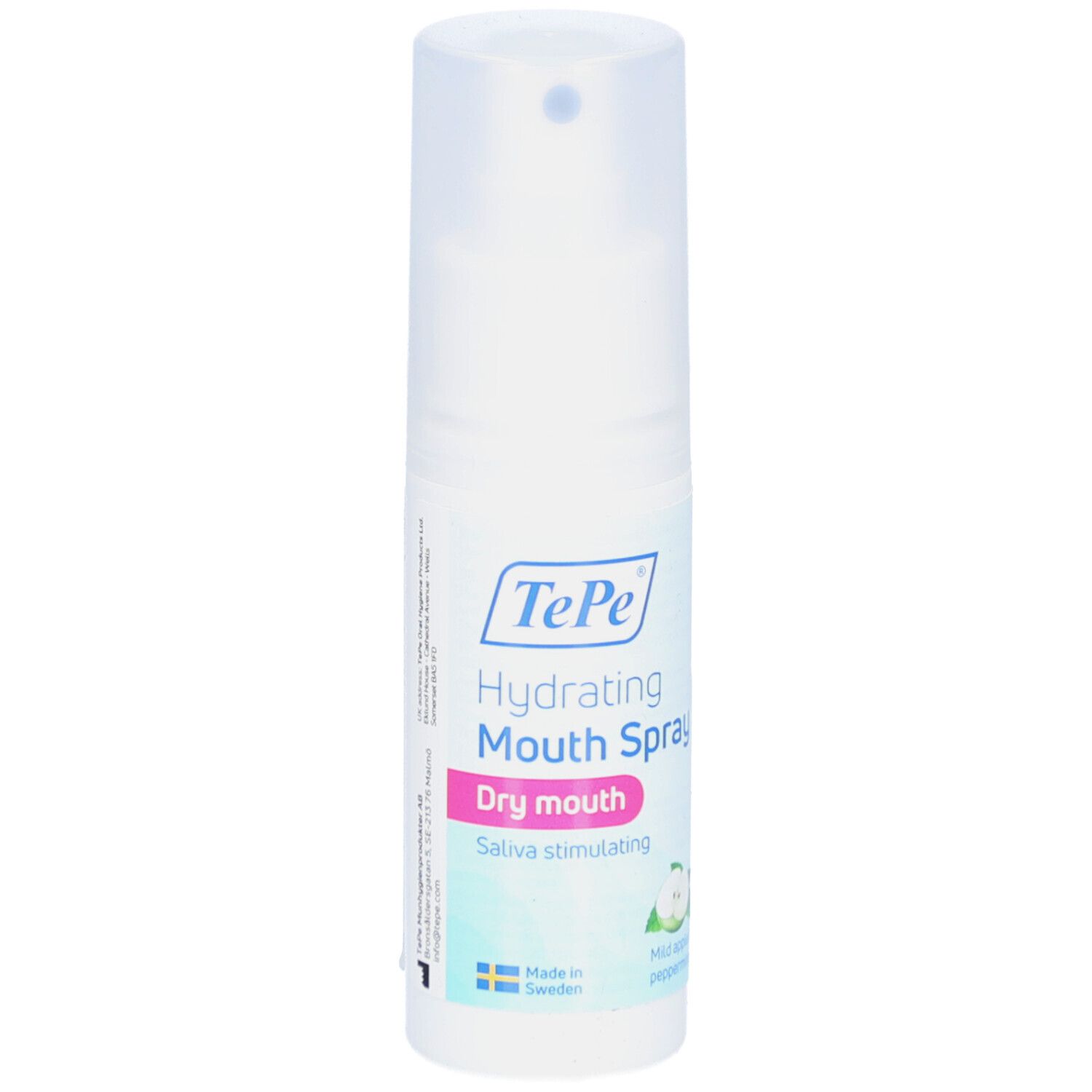 Witte sprayflacon met blauw-roze etiket. Tekst: TePe Hydrating Mouth Spray, Dry mouth, Saliva stimulating. Met dop.