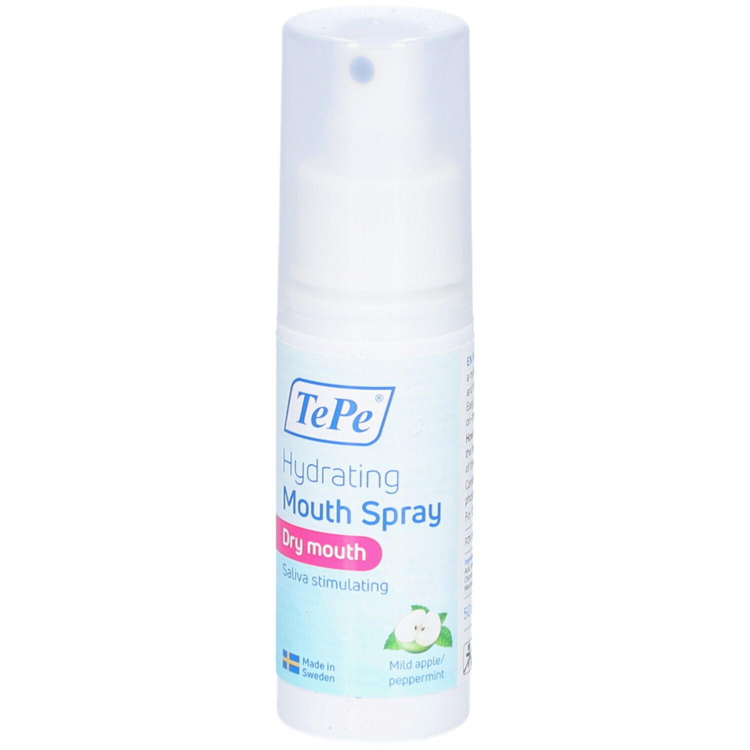 Witte sprayflacon met blauw-roze etiket. Tekst: TePe Hydrating Mouth Spray, Dry mouth, Saliva stimulating. Met dop.