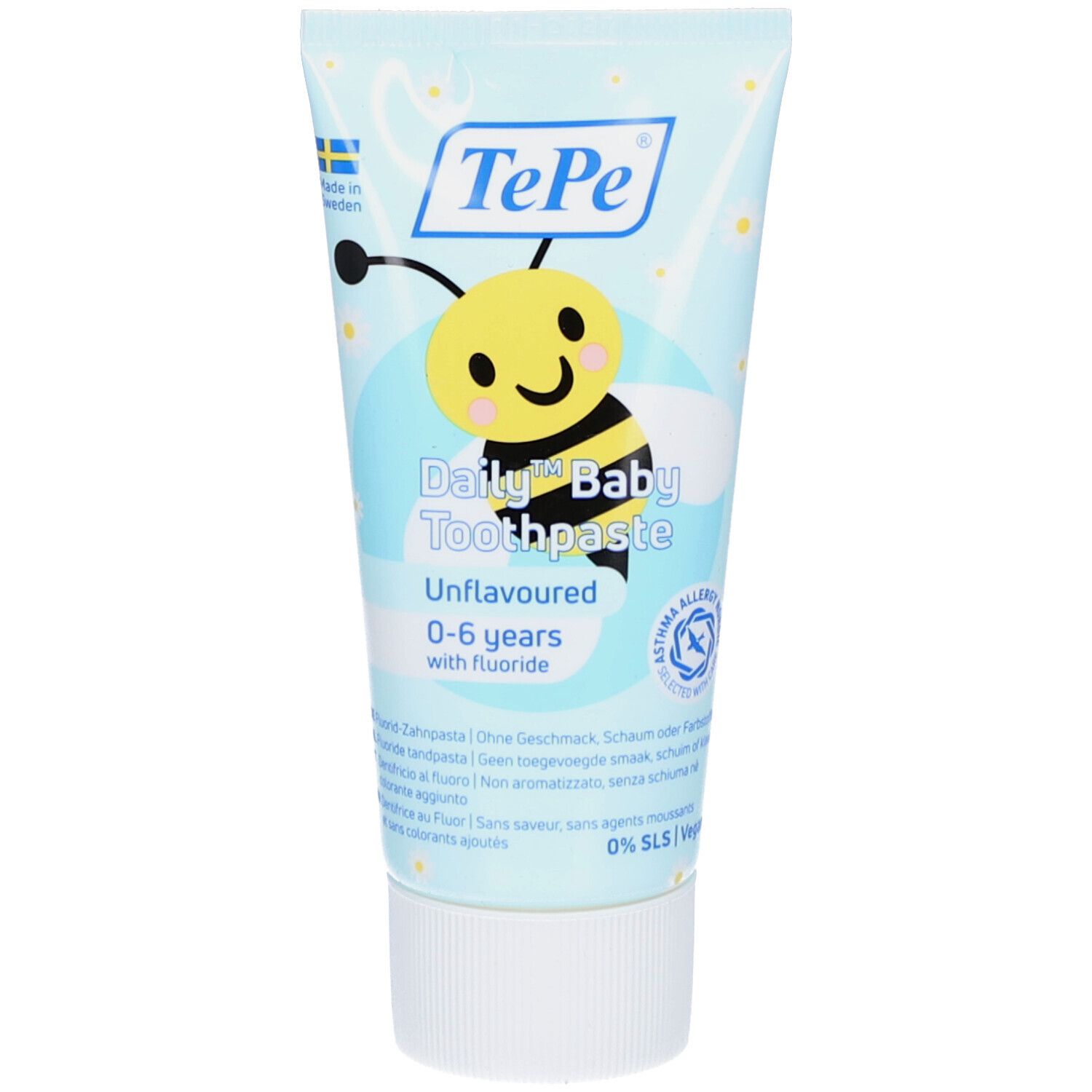 Tube de dentifrice avec motif abeille. Texte: Daily Baby Toothpaste, 0-6 ans, sans arôme, avec fluor. Marque TePe.