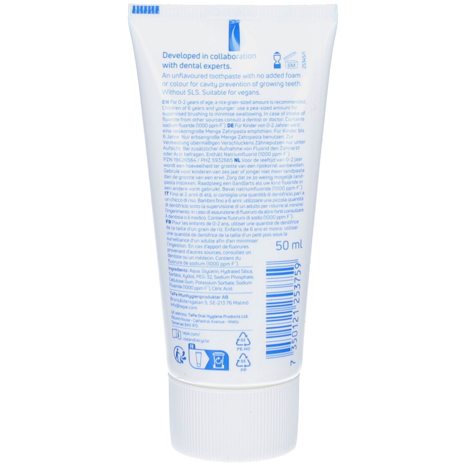 Dos du tube de dentifrice. Texte: Dentifrice sans arôme avec fluor. Convient aux végétaliens. 50 ml.