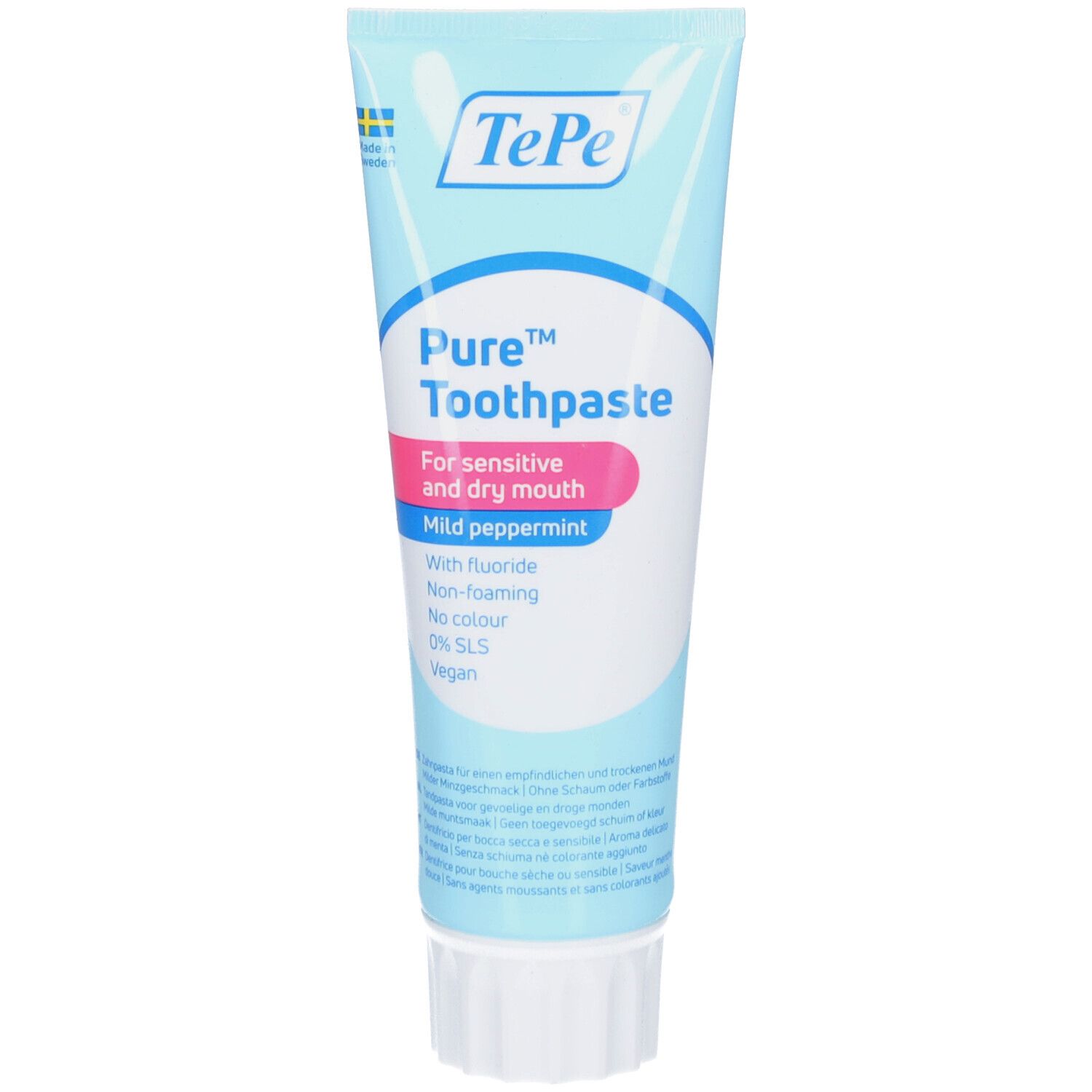 Tube de dentifrice bleu clair. Nom du produit et informations en texte. Zones roses en évidence.