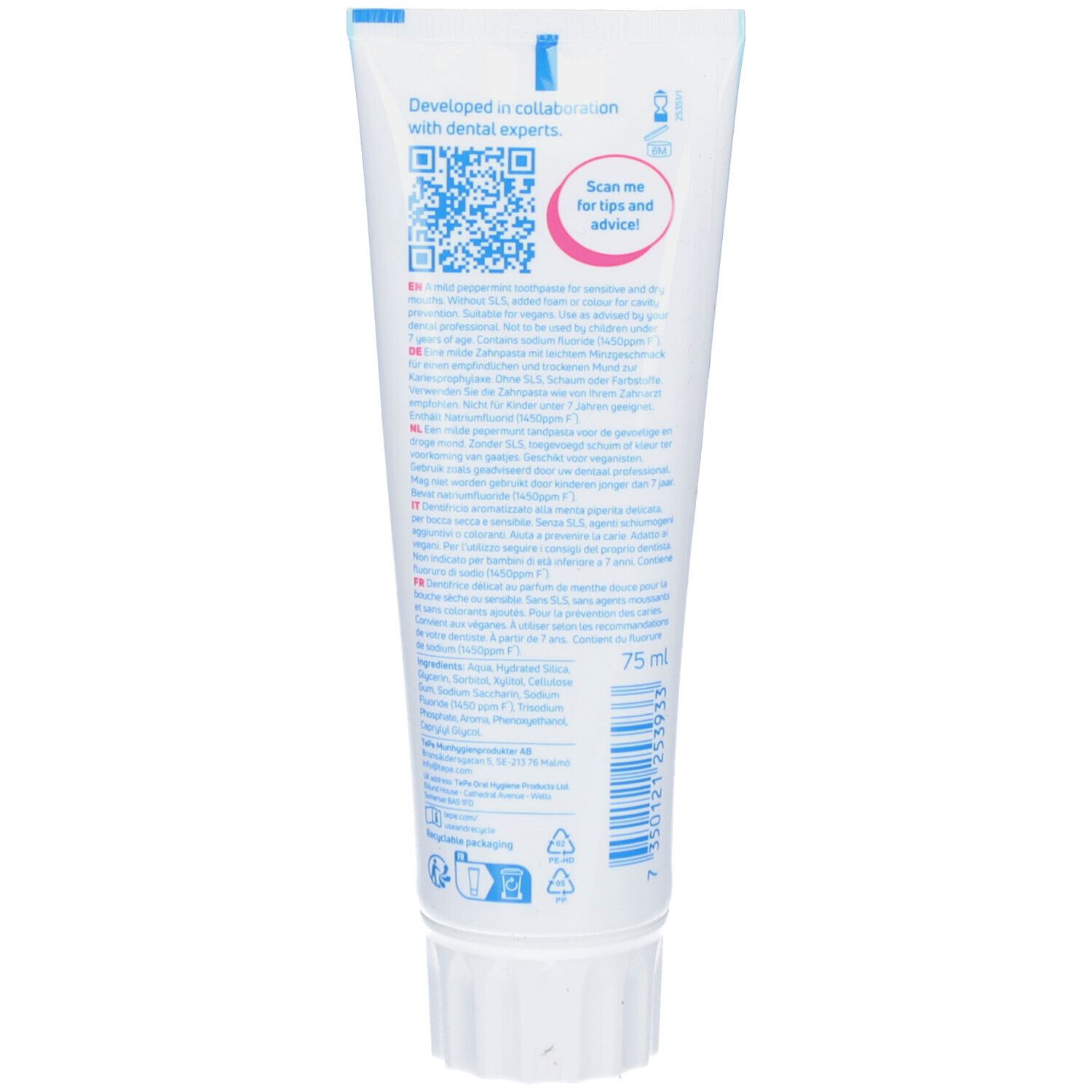 Dos du tube de dentifrice. Informations textuelles, code QR et ingrédients. Tube blanc.