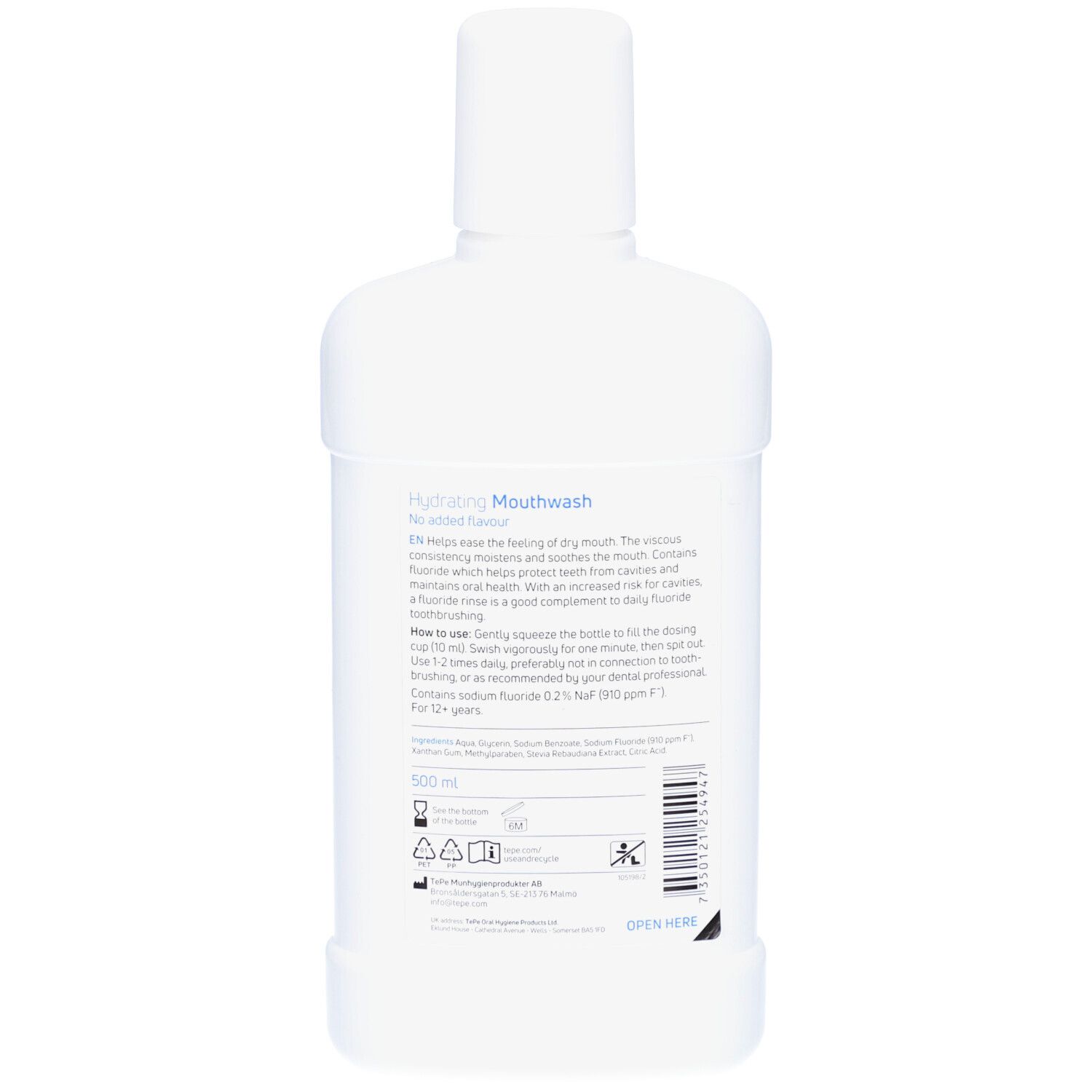 Achterkant van de witte fles. Tekst en symbolen. Opschrift: Hydrating Mouthwash. 500 ml.