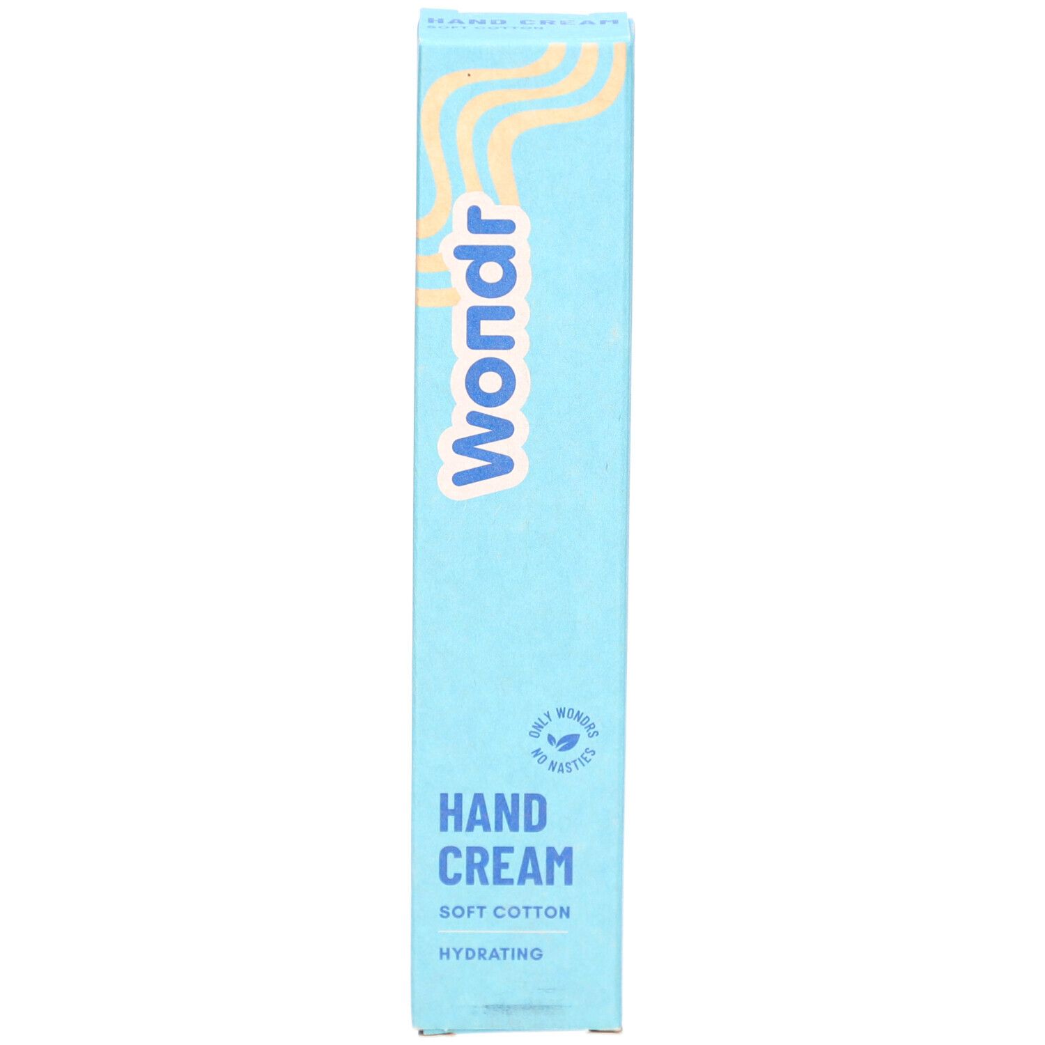 Boîte bleu clair avec inscription : Wondr, Hand Cream, Soft Cotton, Hydrating. Logo et texte.