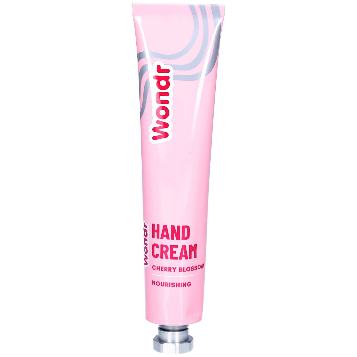 Tube rose avec vagues argentées et logo "Wondr". "Hand Cream Cherry Blossom" et "Nourishing" sont également imprimés.