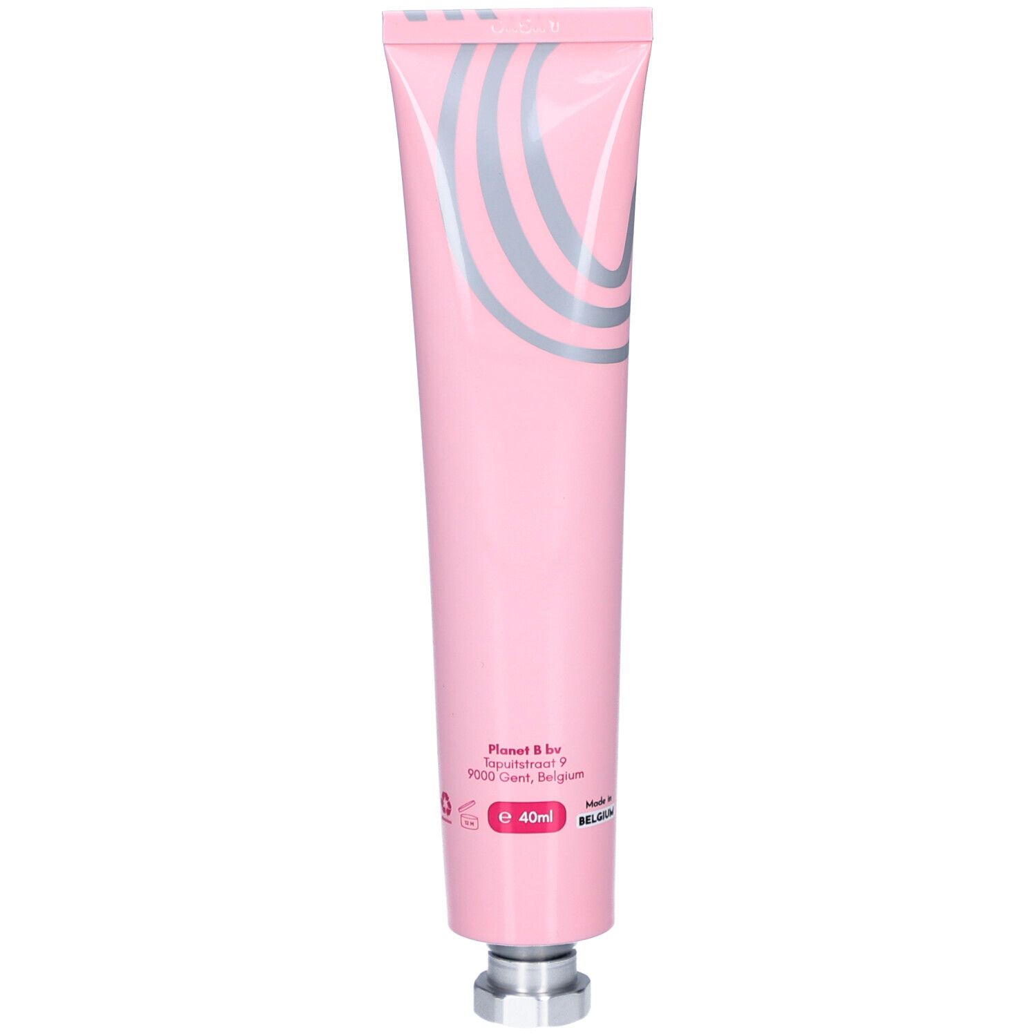 Tube rose avec vagues argentées. Informations imprimées : "Planet B Bar", adresse et volume de 40ml.