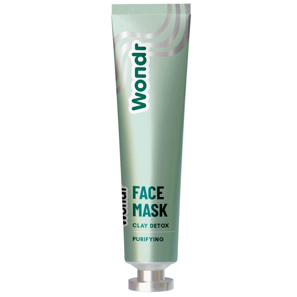 Gezichtsmasker in tube. Merk: Wondr. Tekst: Face Mask Clay Detox Purifying. Lichtgroene tube met zilveren dop.