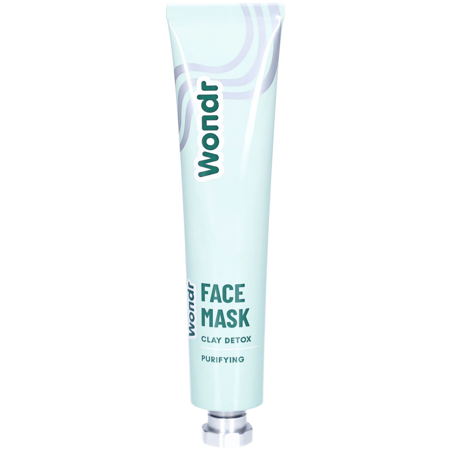 Gezichtsmasker in tube. Merk: Wondr. Tekst: Face Mask Clay Detox Purifying. Lichtgroene tube met zilveren dop.
