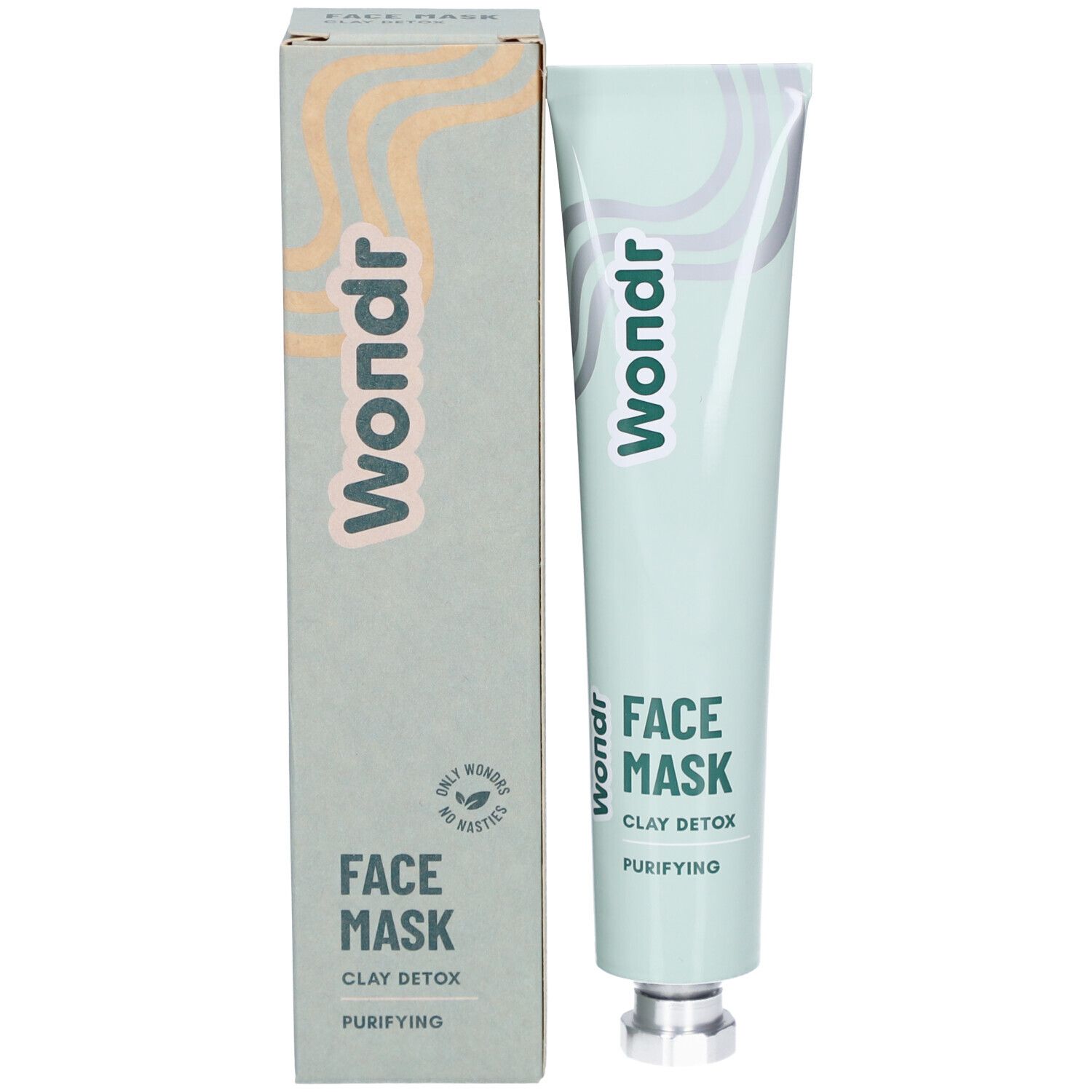 Gezichtsmasker en verpakking. Merk: Wondr. Tekst: Face Mask Clay Detox Purifying. Doos met product. Alleen wonderen, geen plastic.