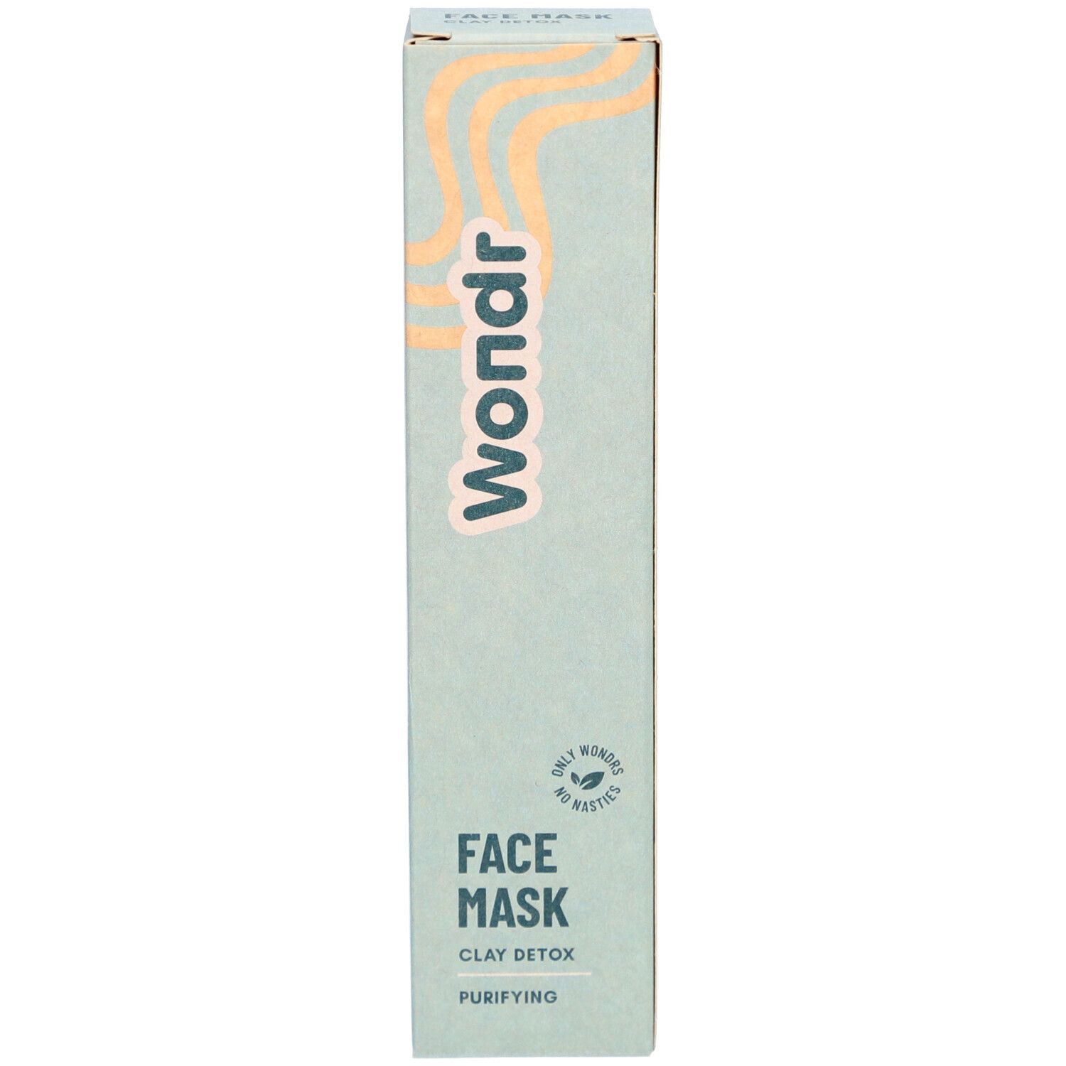 Verpakking van gezichtsmasker. Merk: Wondr. Tekst: Face Mask Clay Detox Purifying. Doos met product. Alleen wonderen, geen plastic.