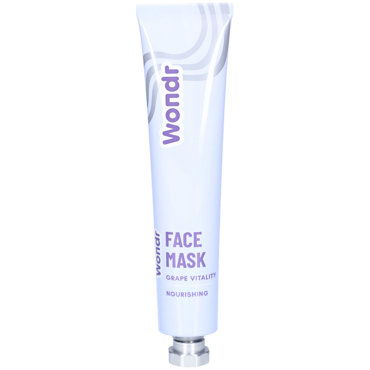 Witte tube met paarse tekst Wondr, Face Mask, Grape Vitality en Nourishing. Metalen dop.