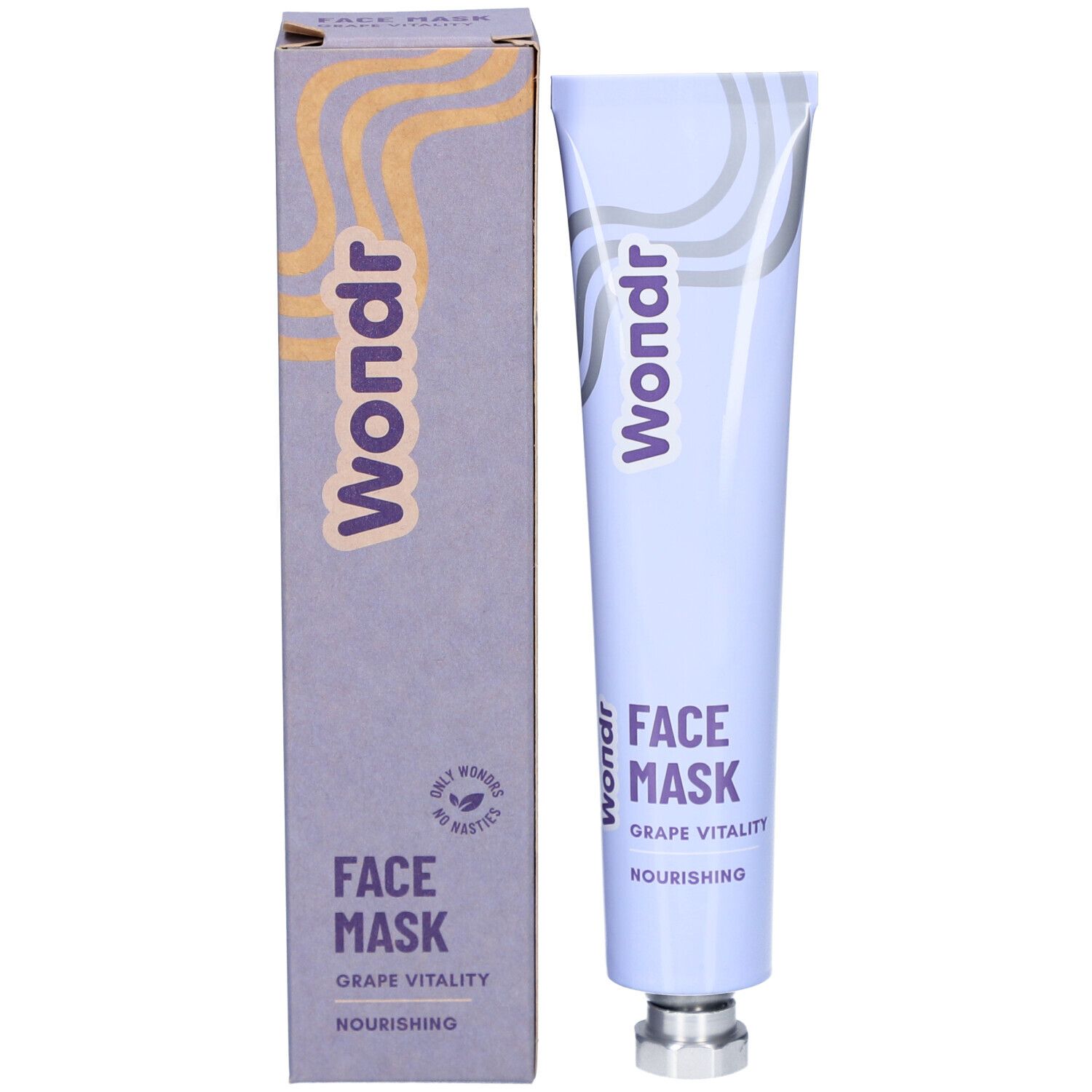 Tube en doos. Doos met Wondr, Face Mask, Grape Vitality, Nourishing. Tube met metalen dop.