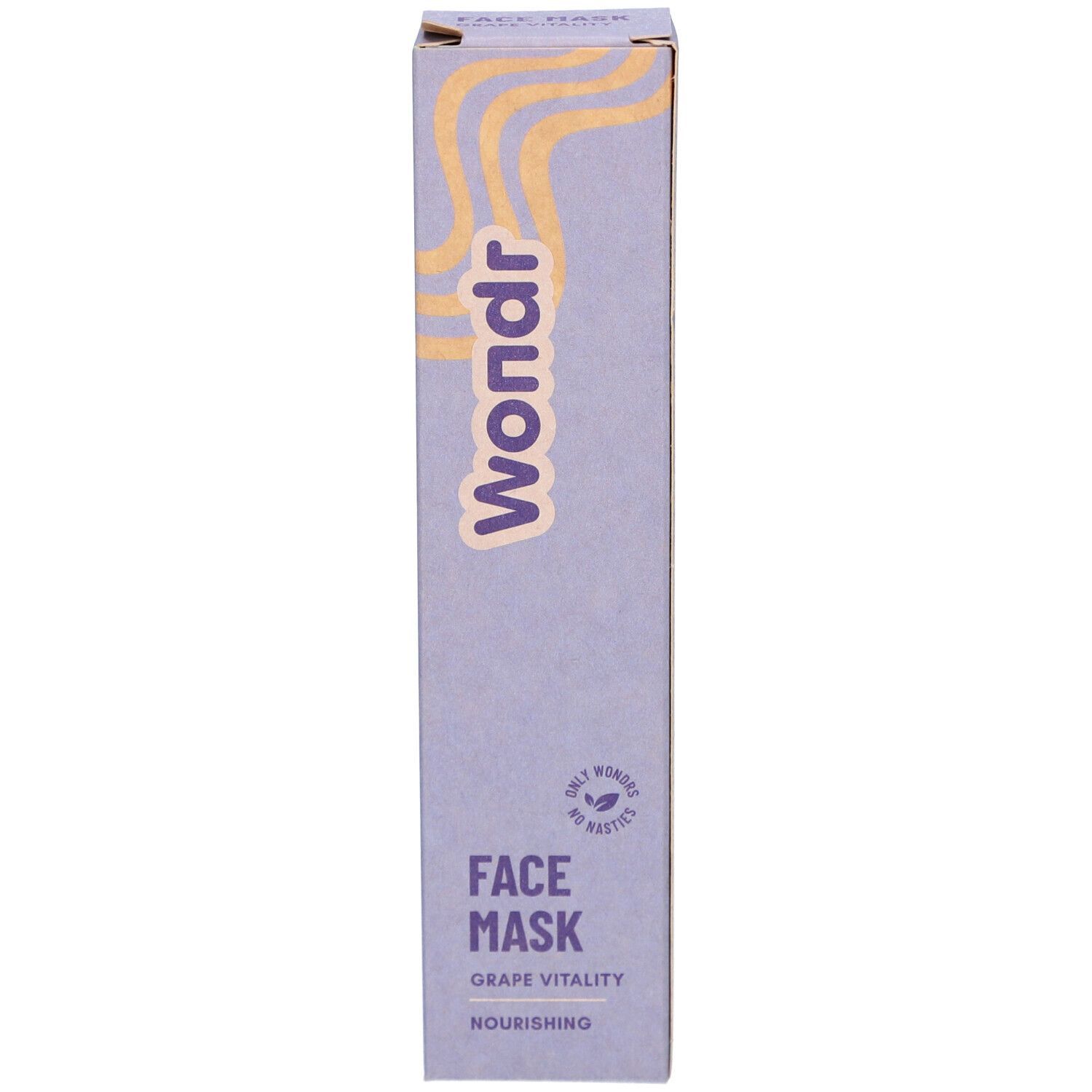 Paarse doos met Wondr, Face Mask, Grape Vitality, Nourishing. Gele golfpatronen.