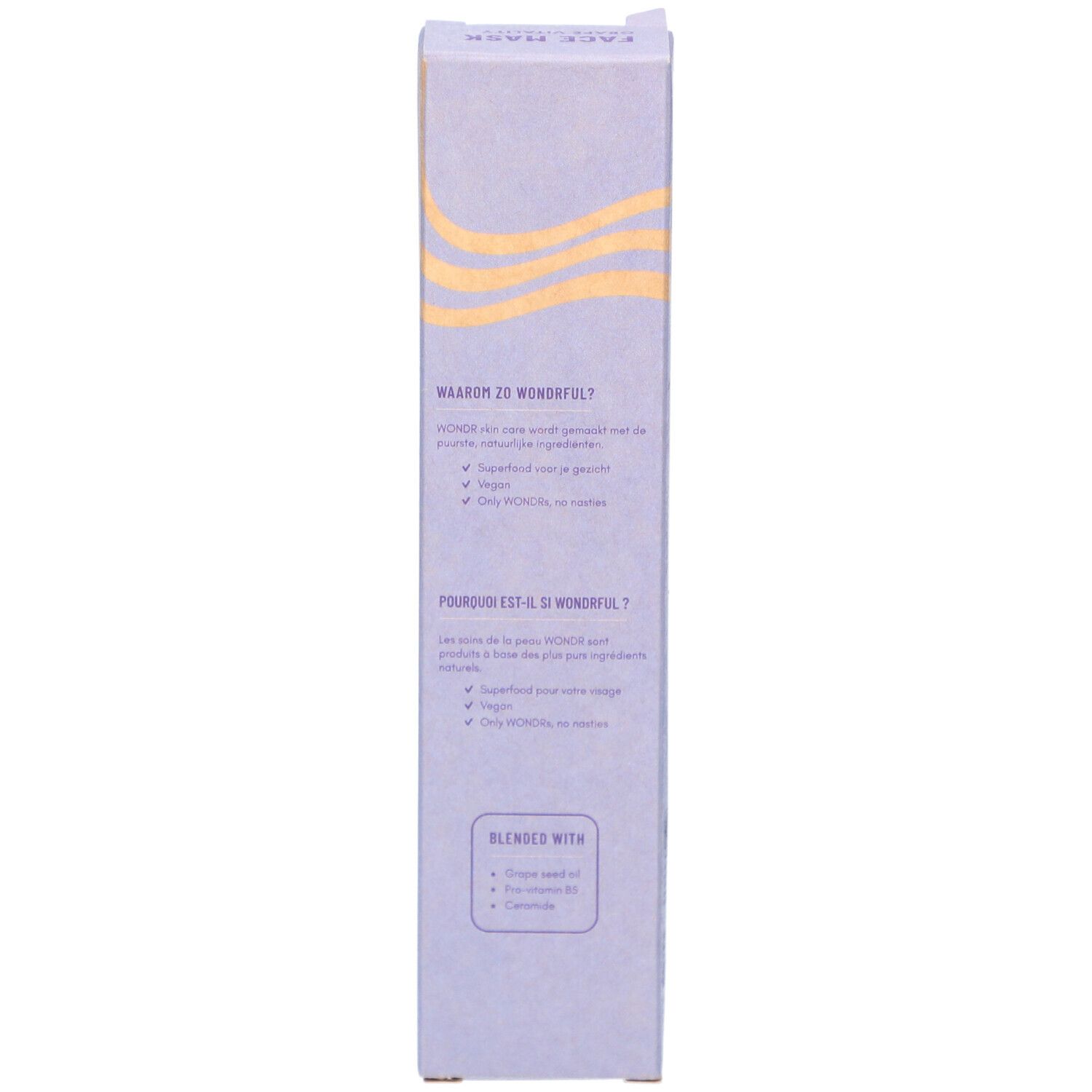 Achterkant van de doos. Tekst: WAROM SO WONDERFUL? en POURQUOI EST-IL SI WONDERFUL?